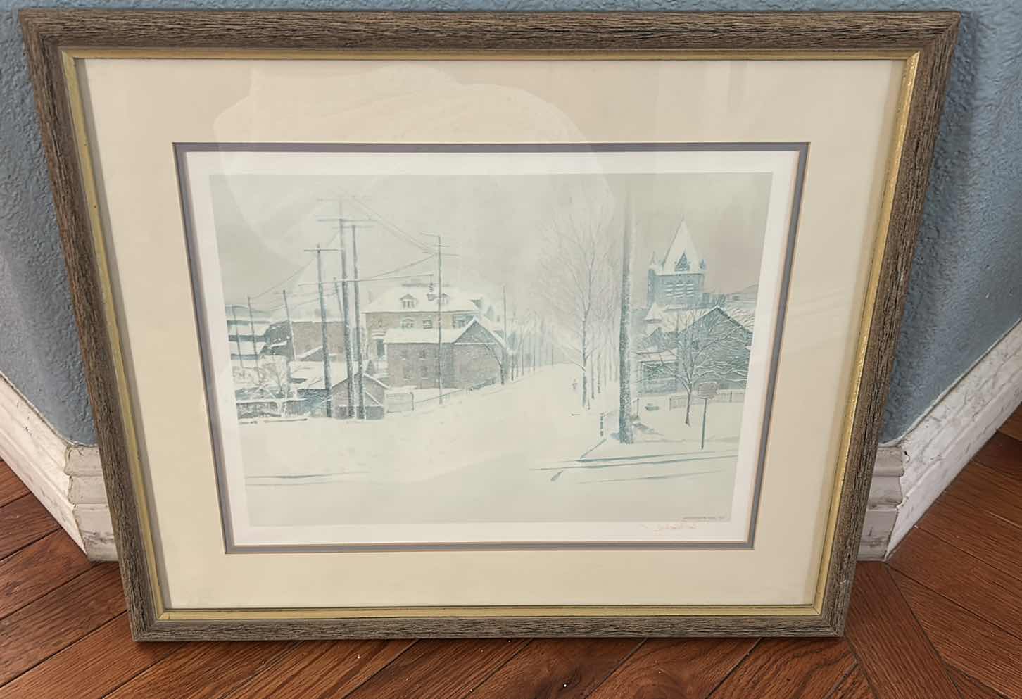 Photo 1 of FRAMED AND SIGNED OFFSET LITHOGRAPH ON PAPER ARTWORK BY FREDERICK KAIL, “WINTER NEIGHBORHOOD IN SNOW”. 19 1/2“ x H16 1/2“