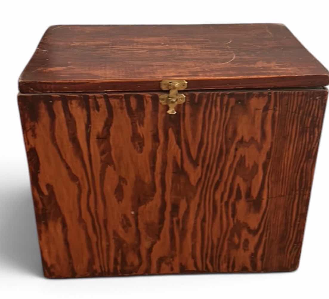 Photo 1 of VINTAGE WOODEN CHEST/STORAGE BOX WITH WHEELS AND A METAL LATCH. 18“ x 11 1/2“ x H17”