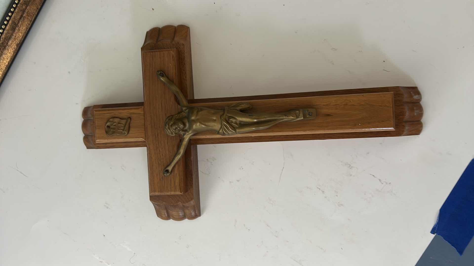 Photo 1 of TWO TRADITIONAL ROMAN CATHOLIC DEVOTIONAL OBJECTS - LAST RITES WOODEN CRUCIFIX WITH OIL AND CANDLES AND SHADOWBOX 13” x H16 1/2”