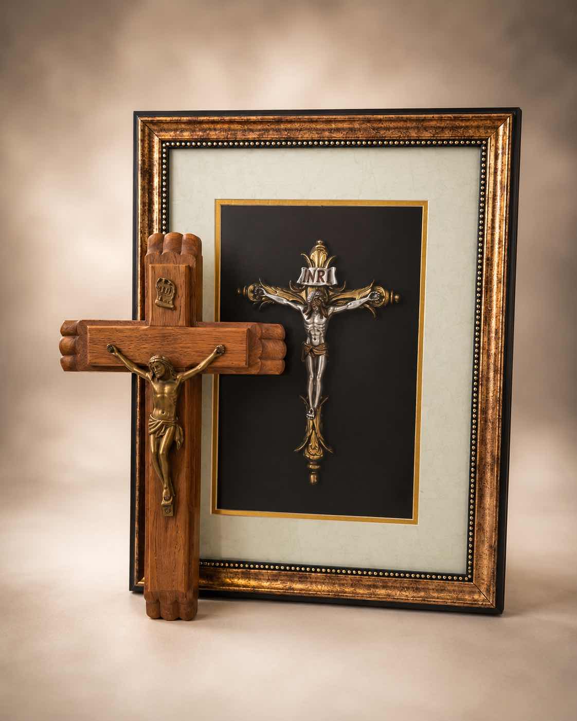 Photo 1 of TWO TRADITIONAL ROMAN CATHOLIC DEVOTIONAL OBJECTS - LAST RITES WOODEN CRUCIFIX WITH OIL AND CANDLES AND SHADOWBOX 13” x H16 1/2”