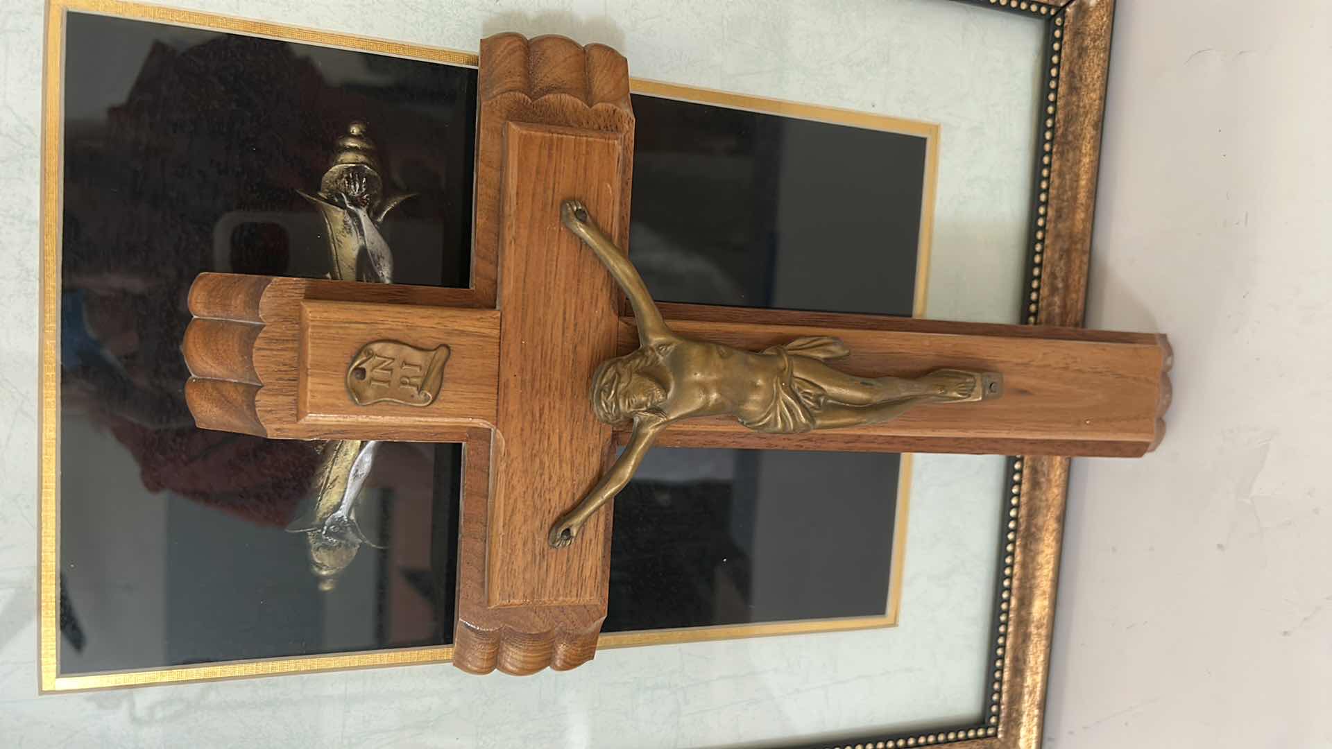 Photo 1 of TWO TRADITIONAL ROMAN CATHOLIC DEVOTIONAL OBJECTS - LAST RITES WOODEN CRUCIFIX WITH OIL AND CANDLES AND SHADOWBOX 13” x H16 1/2”