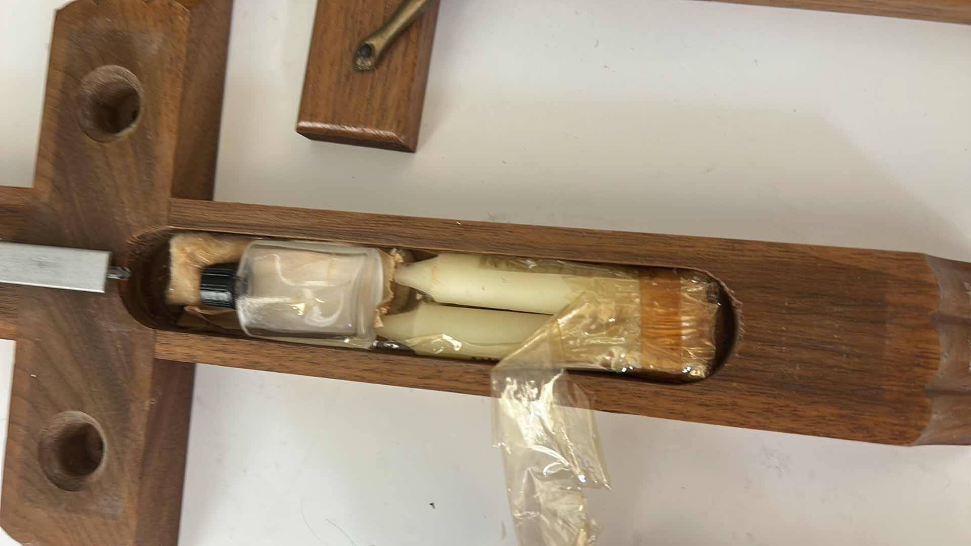 Photo 1 of TWO TRADITIONAL ROMAN CATHOLIC DEVOTIONAL OBJECTS - LAST RITES WOODEN CRUCIFIX WITH OIL AND CANDLES AND SHADOWBOX 13” x H16 1/2”