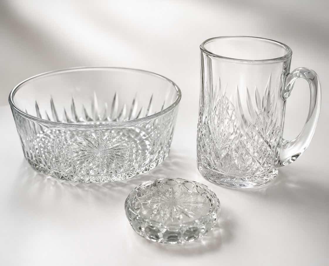 Photo 1 of 3 CRYSTAL AND GLASS PIECES – BOWL, VASE, AND FLOWER HOLDER