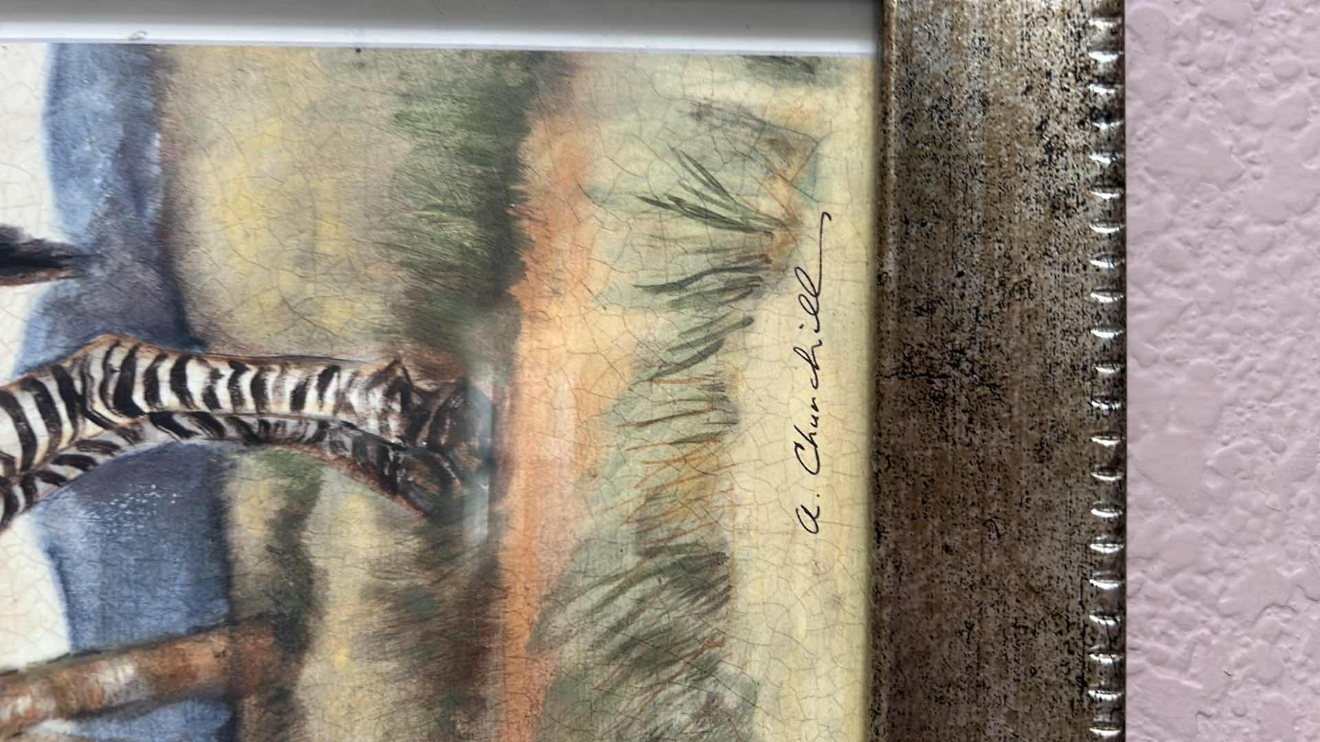 Photo 1 of SET A FOUR  "ANIMALS AFRICANA" PRINT ARTWORK PIECES BY ALEXANDRA CHURCHILL, FEATURING A GIRAFFE, CAMEL, ELEPHANT AND ZEBRA IN RUSTIC GOLD FRAMES. 13” x H 16”