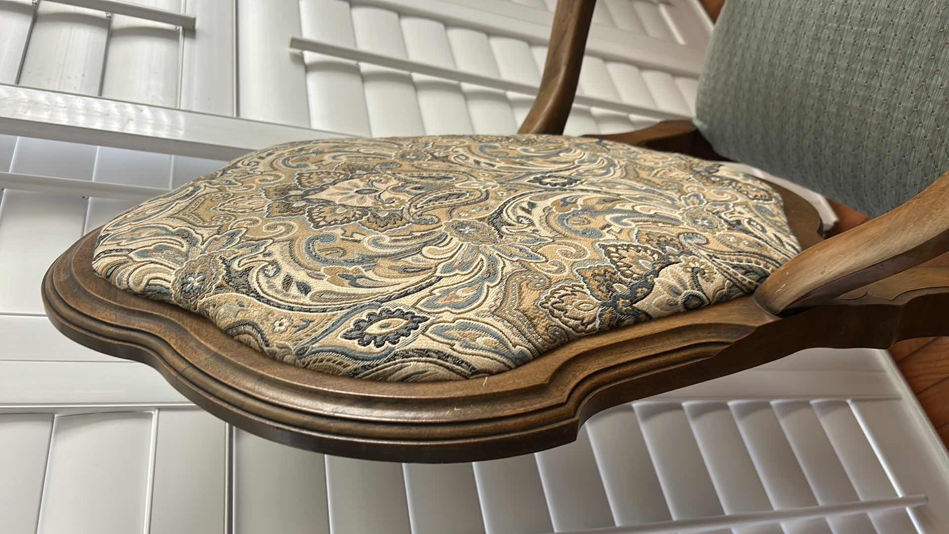 View 7 of MINTON SIDELL ANTIQUE DINING ARMCHAIR CHAIR FEATURING CARVED WALNUT FRAMES AND TAPESTRY STYLE, PAISLEY FABRIC  26“ x 22“ x H46“
