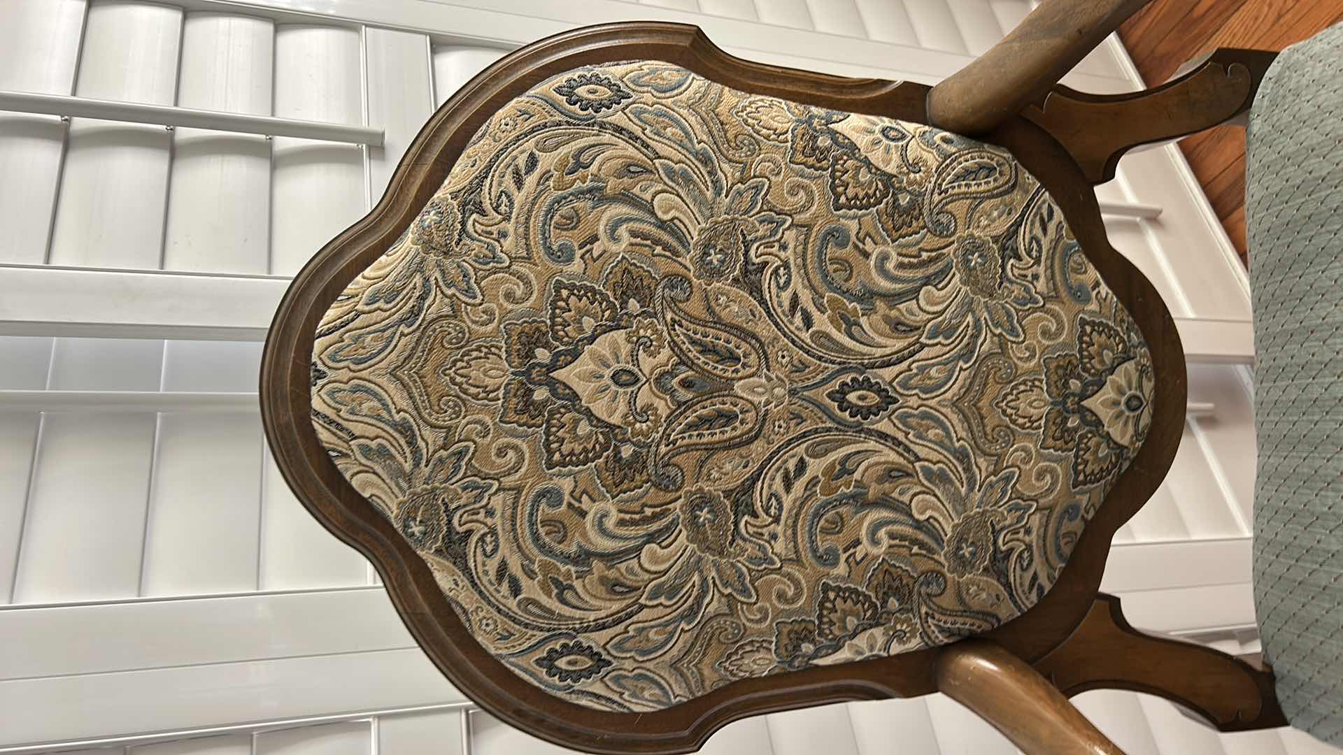 View 3 of MINTON SIDELL ANTIQUE DINING ARMCHAIR CHAIR FEATURING CARVED WALNUT FRAMES AND TAPESTRY STYLE, PAISLEY FABRIC  26“ x 22“ x H46“