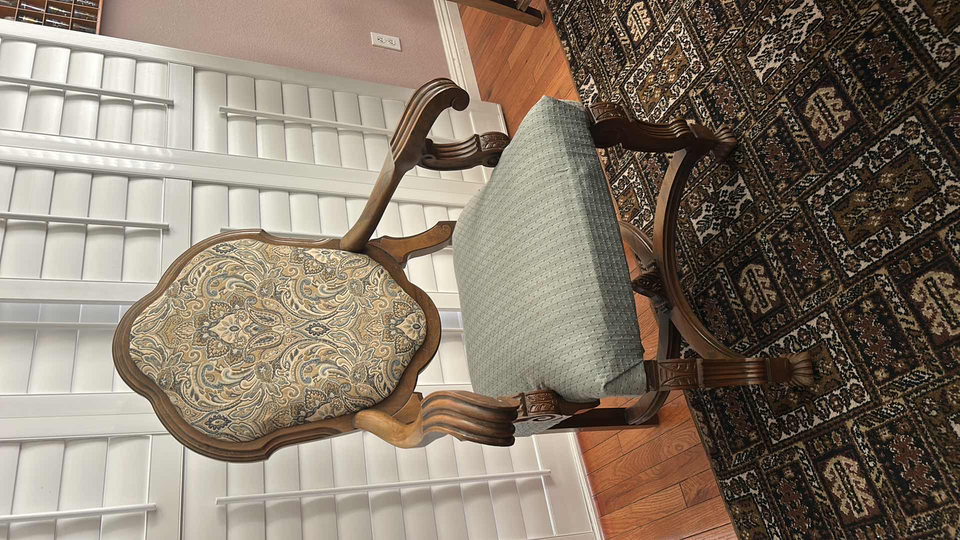 View 4 of MINTON SIDELL ANTIQUE DINING ARMCHAIR CHAIR FEATURING CARVED WALNUT FRAMES AND TAPESTRY STYLE, PAISLEY FABRIC  26“ x 22“ x H46“