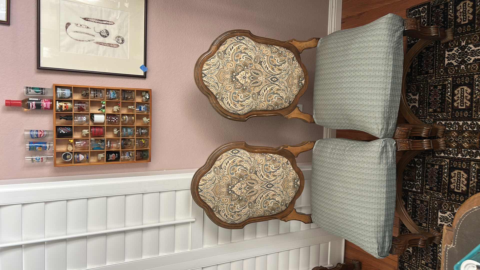 Photo 1 of 2 MINTON SIDELL ANTIQUE DINING CHAIRS FEATURING CARVED WALNUT FRAMES AND TAPESTRY STYLE, PAISLEY FABRIC 20“ x 20“ x H44 1/4“ $1200- $1600