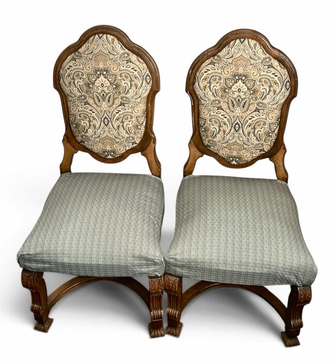 Photo 1 of 2 MINTON SIDELL ANTIQUE DINING CHAIRS FEATURING CARVED WALNUT FRAMES AND TAPESTRY STYLE, PAISLEY FABRIC 20“ x 20“ x H44 1/4“ $1200- $1600
