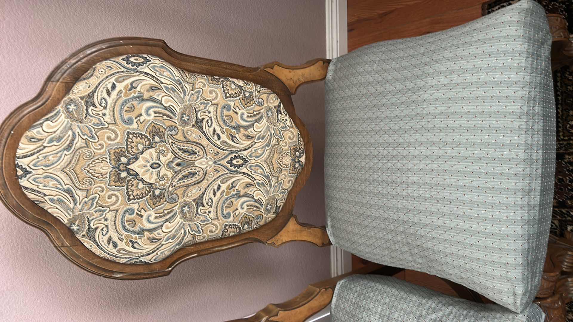 Photo 1 of 2 MINTON SIDELL ANTIQUE DINING CHAIRS FEATURING CARVED WALNUT FRAMES AND TAPESTRY STYLE, PAISLEY FABRIC 20“ x 20“ x H44 1/4“ $1200- $1600
