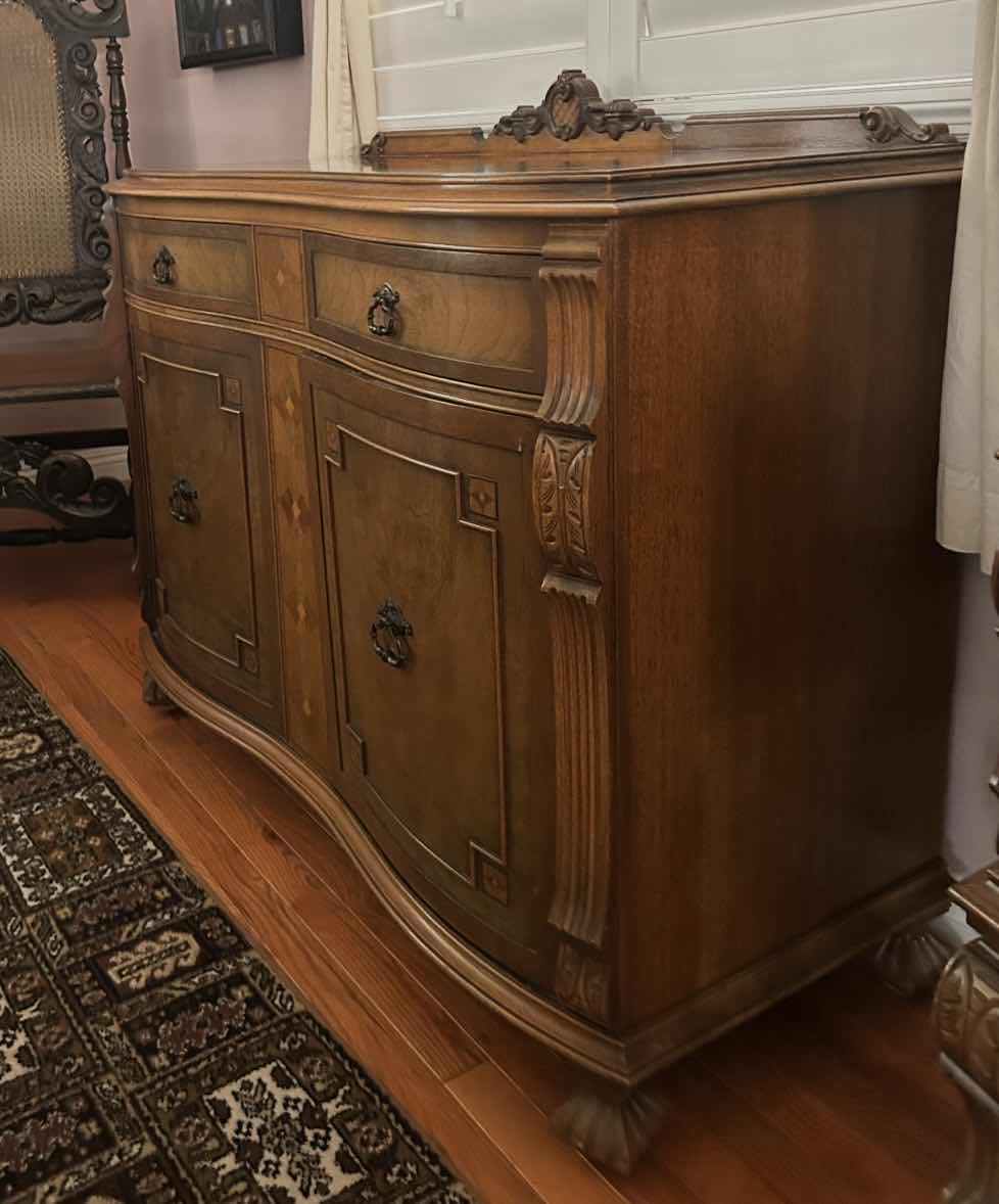 Photo 1 of ANTIQUE ENGLISH CHIPPENDALE STYLE SERPENTINE WALNUT BURL SIDEBOARD, APPRAISED $2,800 – $4,200 46 1/2“ x 19“ x H38 1/2“
