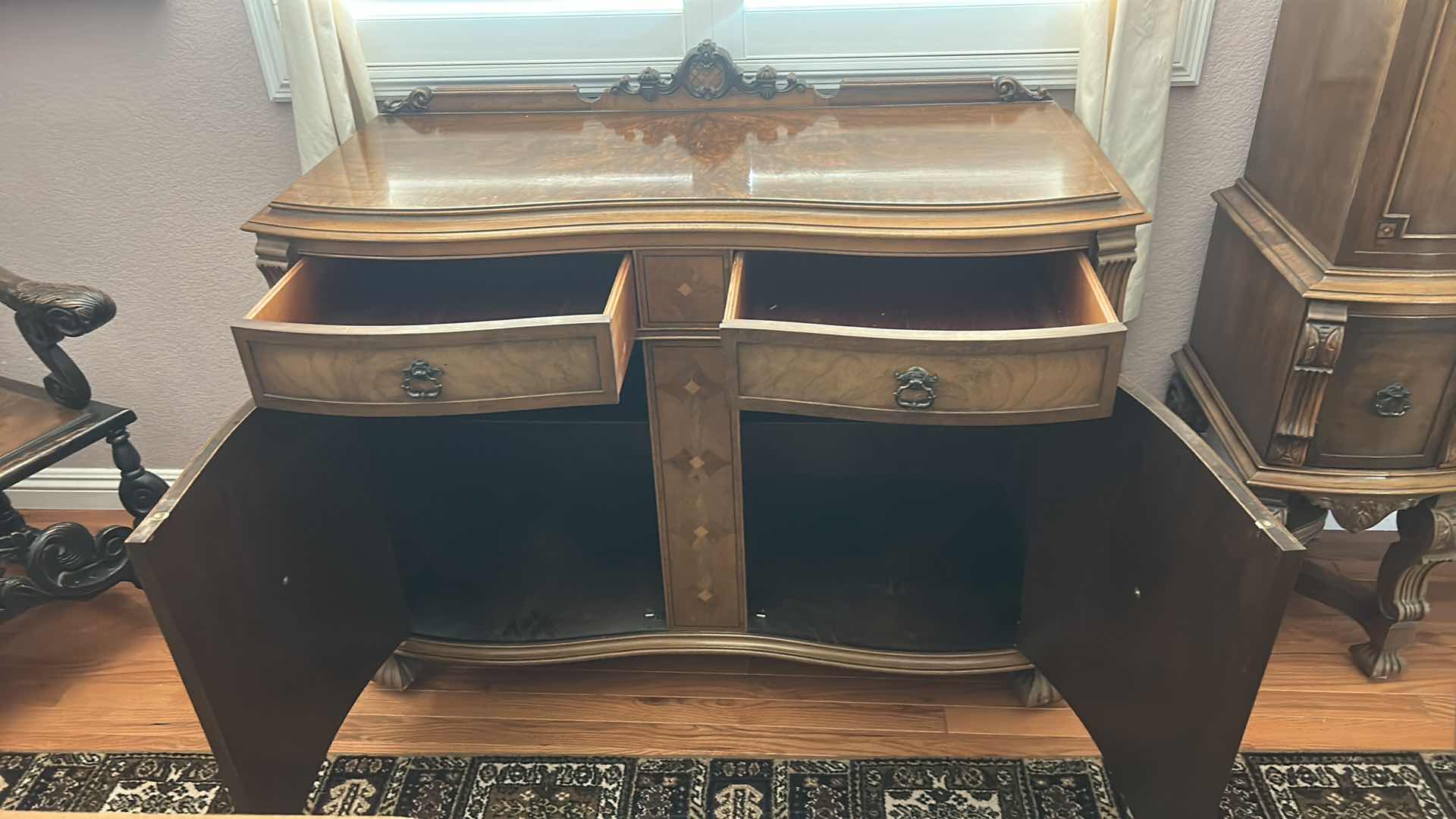Photo 1 of ANTIQUE ENGLISH CHIPPENDALE STYLE SERPENTINE WALNUT BURL SIDEBOARD, APPRAISED $2,800 – $4,200 46 1/2“ x 19“ x H38 1/2“