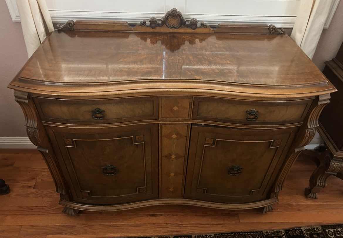Photo 1 of ANTIQUE ENGLISH CHIPPENDALE STYLE SERPENTINE WALNUT BURL SIDEBOARD, APPRAISED $2,800 – $4,200 46 1/2“ x 19“ x H38 1/2“