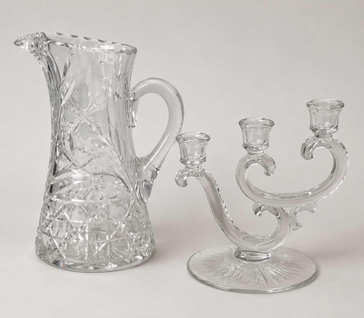 Photo 1 of ANTIQUE AMERICAN BRILLIANT CUT CRYSTAL PITCHER AND FASTORIA  CENTURY PATTERN  CANDELABRA $150