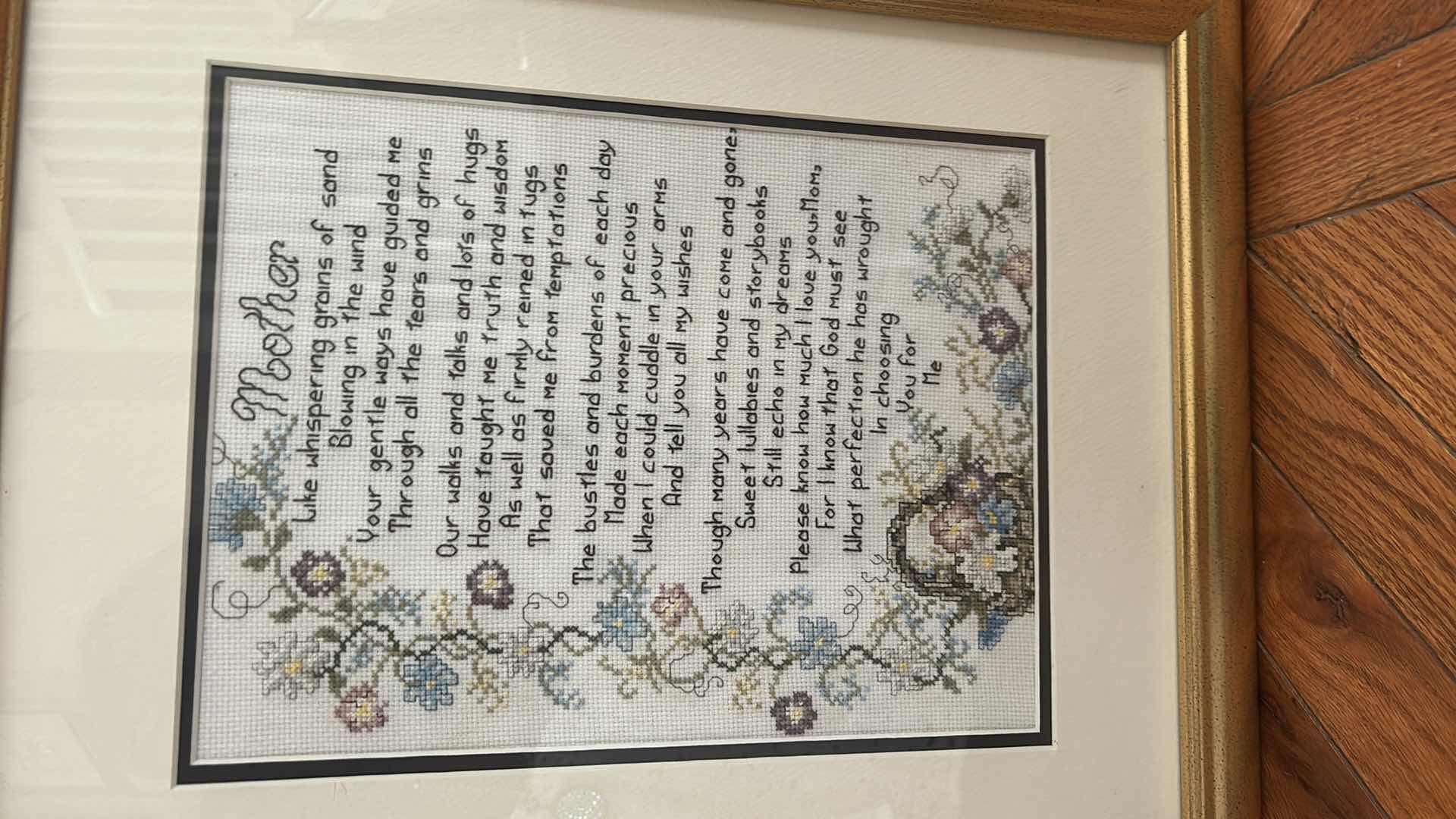Photo 1 of 2 FRAMED VINTAGE COUNTED CROSSTITCH PATTERN, MOTHER AND FATHER TRIBUTE POEM ARTWORK  16” x H21”
