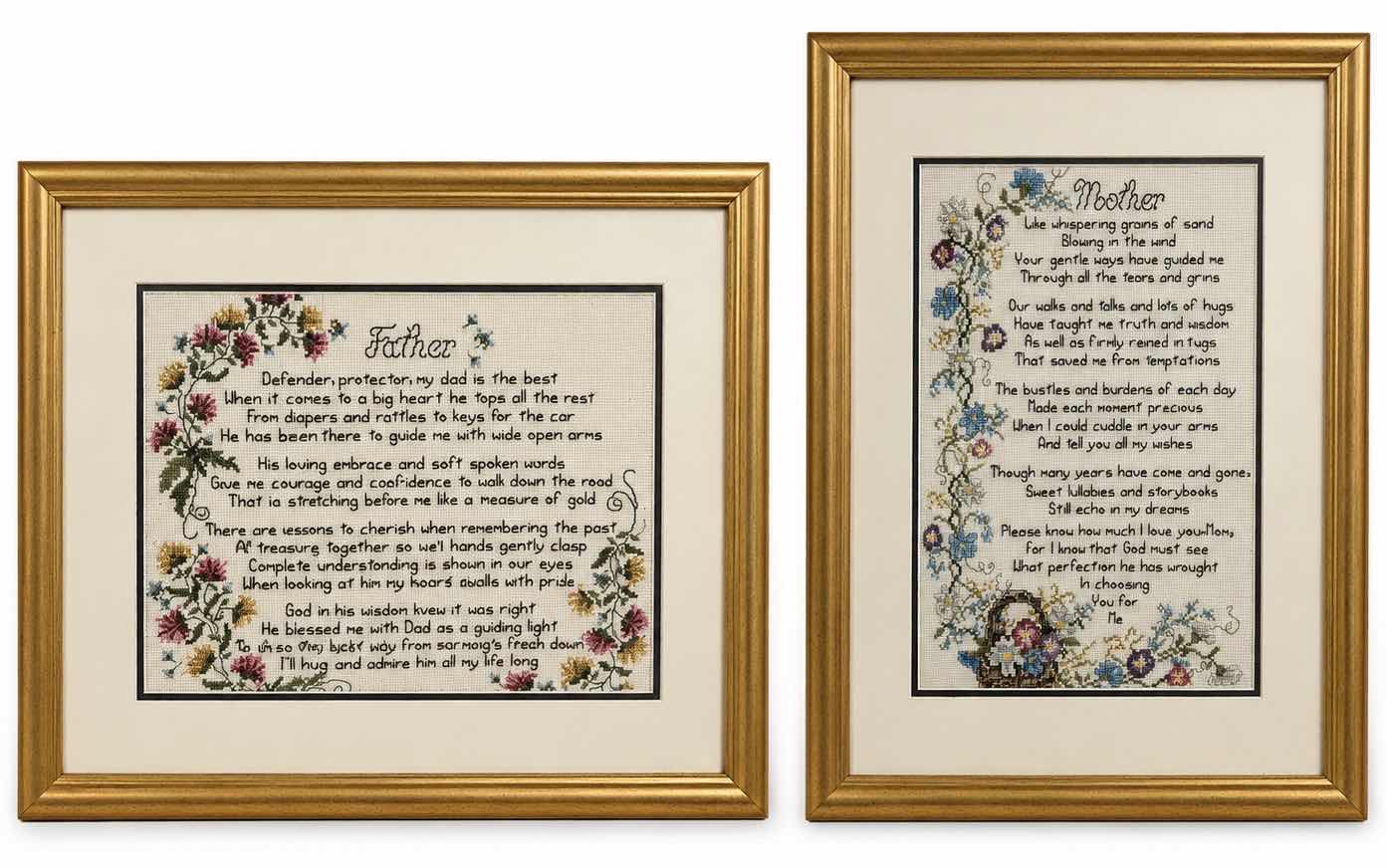 Photo 1 of 2 FRAMED VINTAGE COUNTED CROSSTITCH PATTERN, MOTHER AND FATHER TRIBUTE POEM ARTWORK  16” x H21”