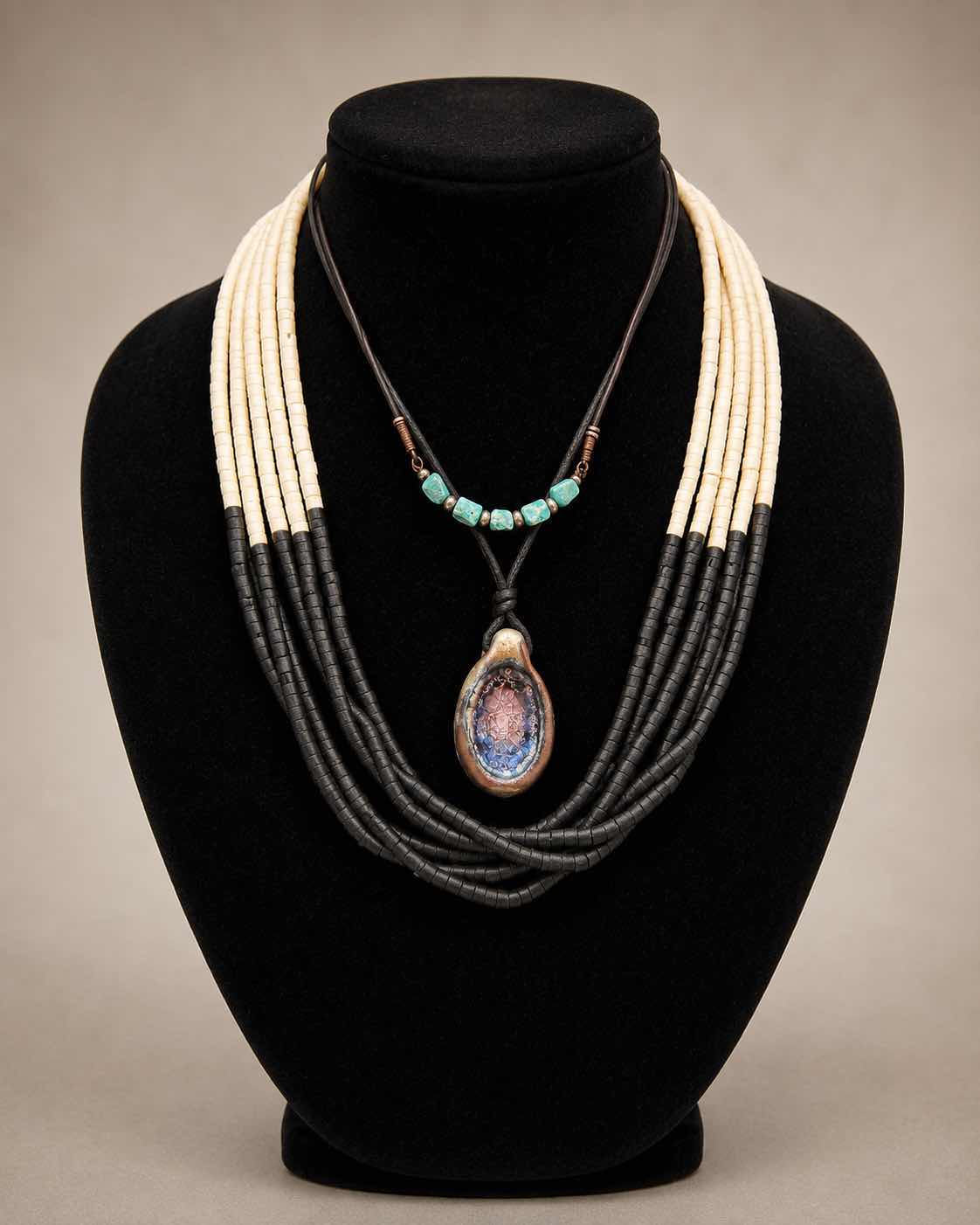 Photo 1 of THREE TRIBAL INSPIRED NECKLACES. MADE FROM NATURAL MATERIALS, INCLUDING HORN, STONE, WOOD TURQUOISE