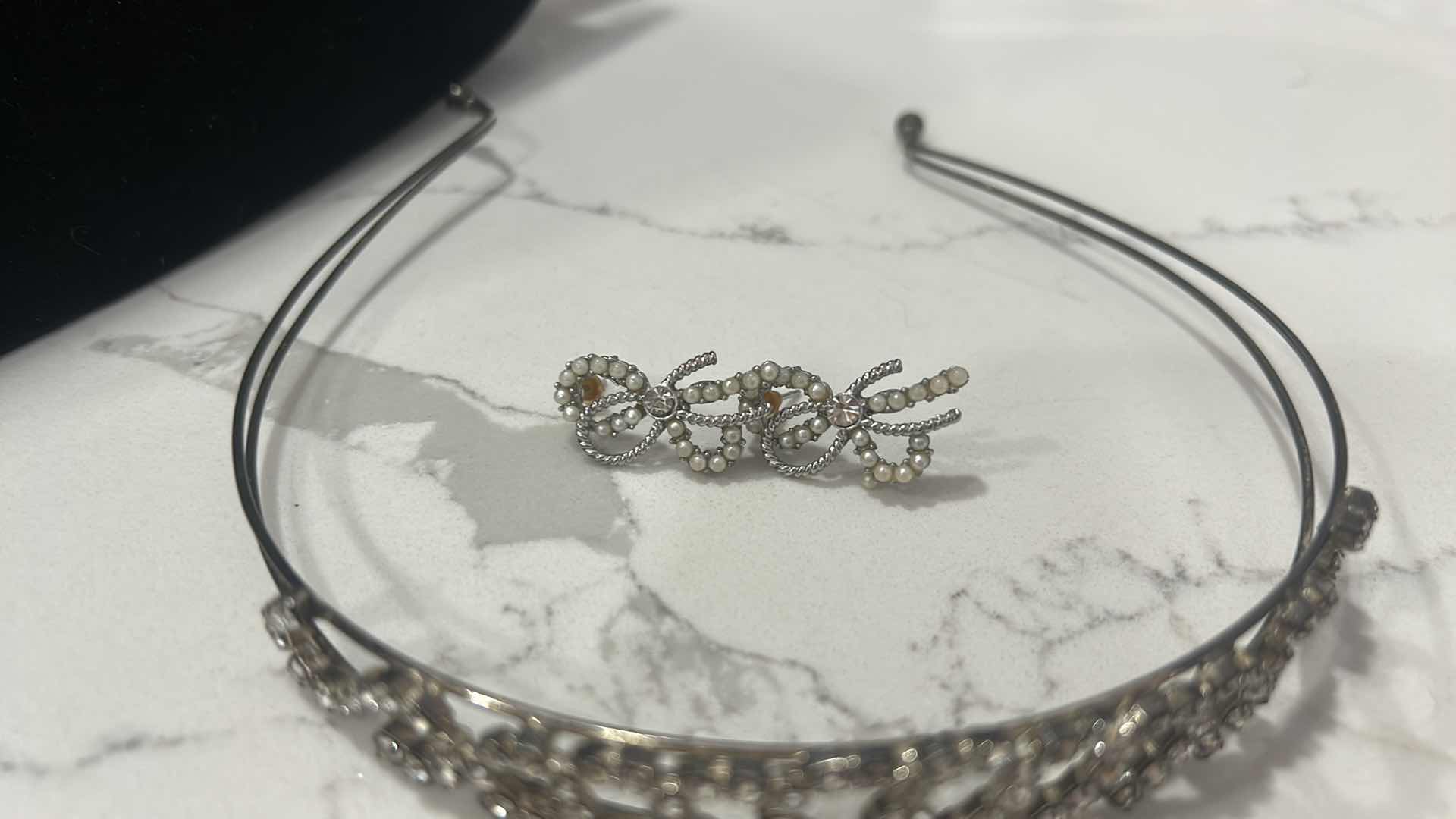 Photo 1 of THREE STRANDS OF IMITATION PEARLS, VINTAGE TIARA, AND VINTAGE EARRINGS