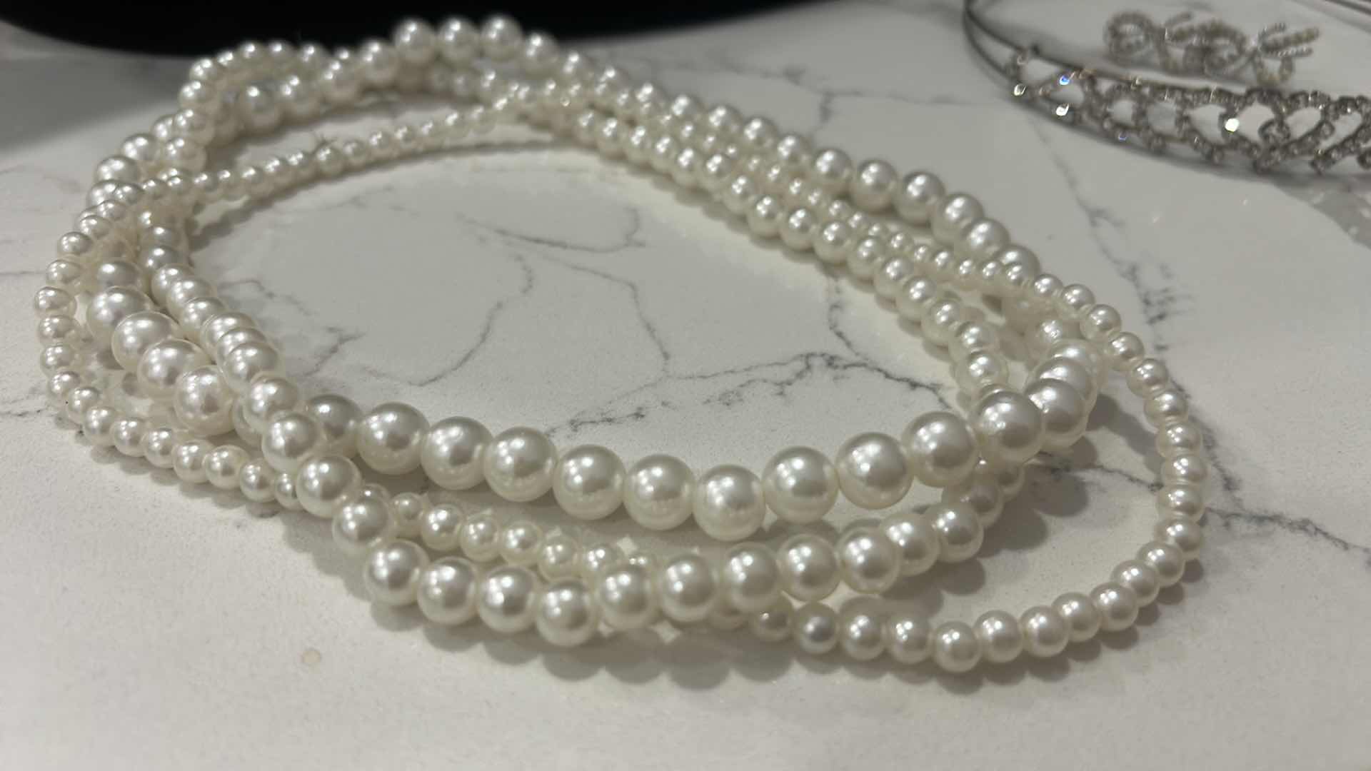 Photo 1 of THREE STRANDS OF IMITATION PEARLS, VINTAGE TIARA, AND VINTAGE EARRINGS