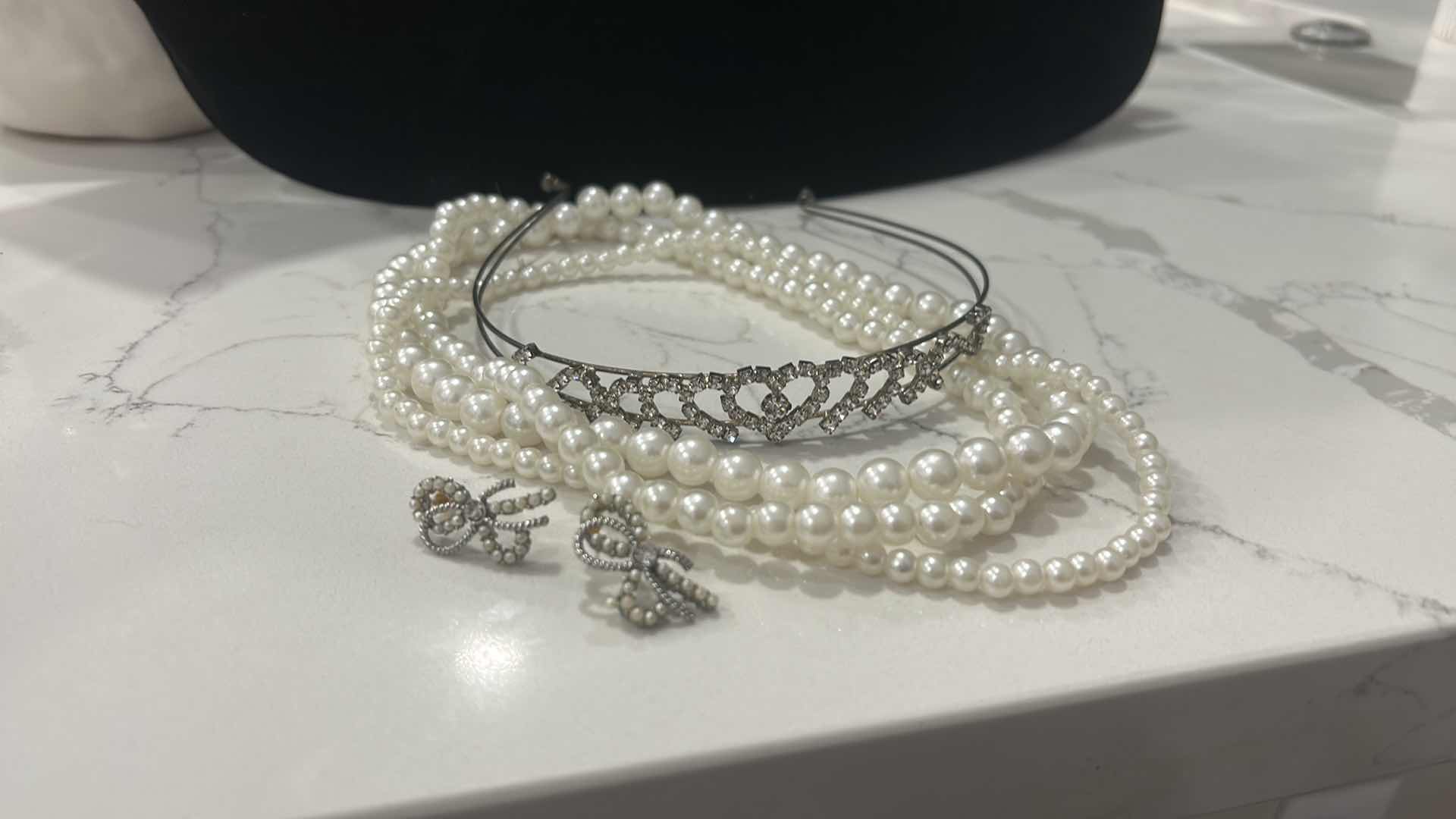 Photo 1 of THREE STRANDS OF IMITATION PEARLS, VINTAGE TIARA, AND VINTAGE EARRINGS