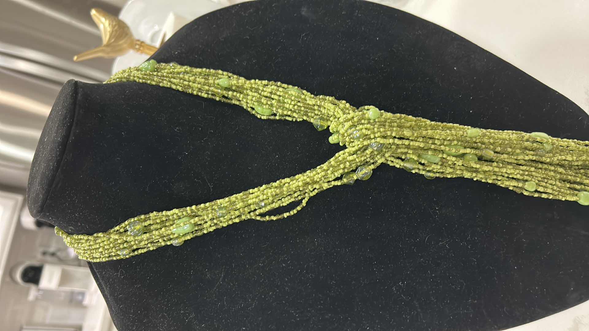 Photo 1 of VINTAGE MULTI STRAND, CHARTREUSE, GREEN SEED BEAD LARIAT, NECKLACE,