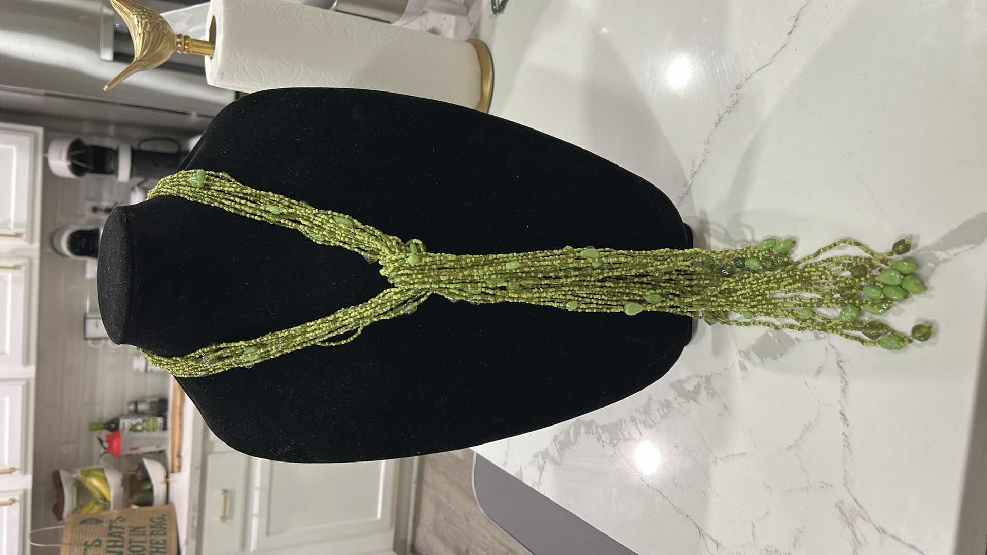 Photo 1 of VINTAGE MULTI STRAND, CHARTREUSE, GREEN SEED BEAD LARIAT, NECKLACE,