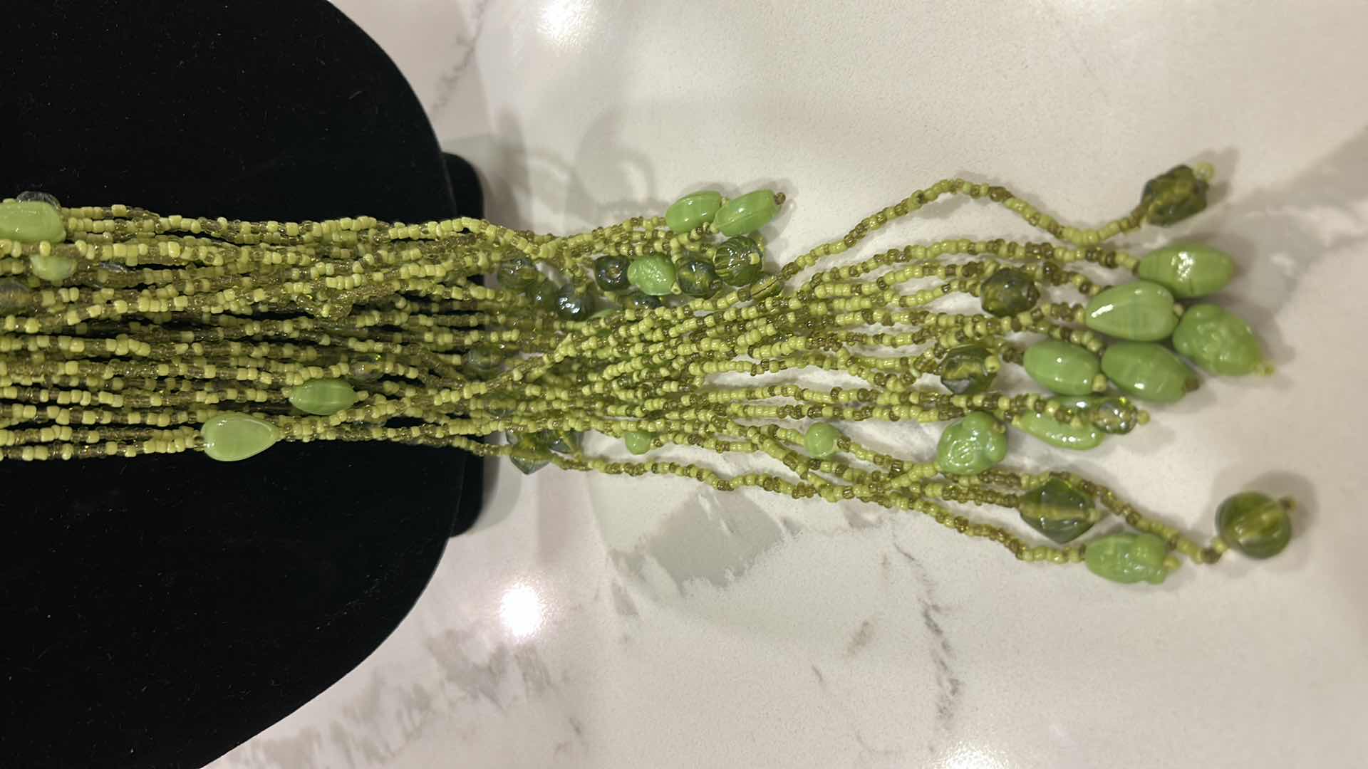 Photo 1 of VINTAGE MULTI STRAND, CHARTREUSE, GREEN SEED BEAD LARIAT, NECKLACE,