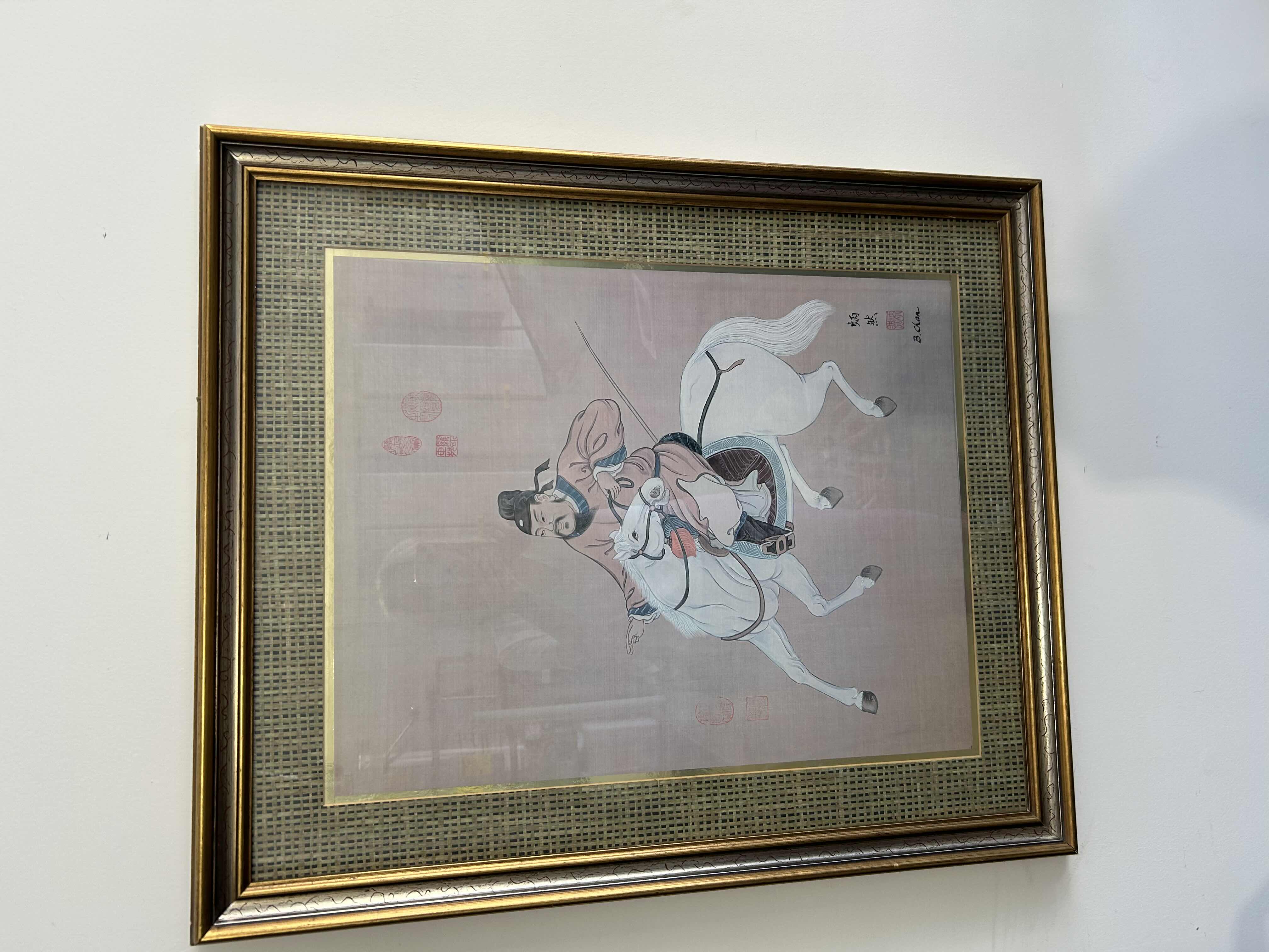 Photo 1 of FRAMED ASIAN PRINT BY B CHAN " WARRIOR RIDING A WHITE HORSE" 29" X 37"