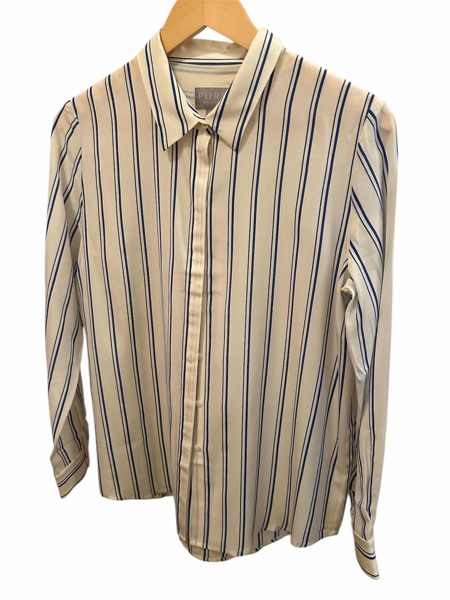 Photo 1 of ELEGANT IVORY W BLUE STRIPES SILK BUTTON DOWN BLOUSE FROM PURE COLLECTION SIZE 4