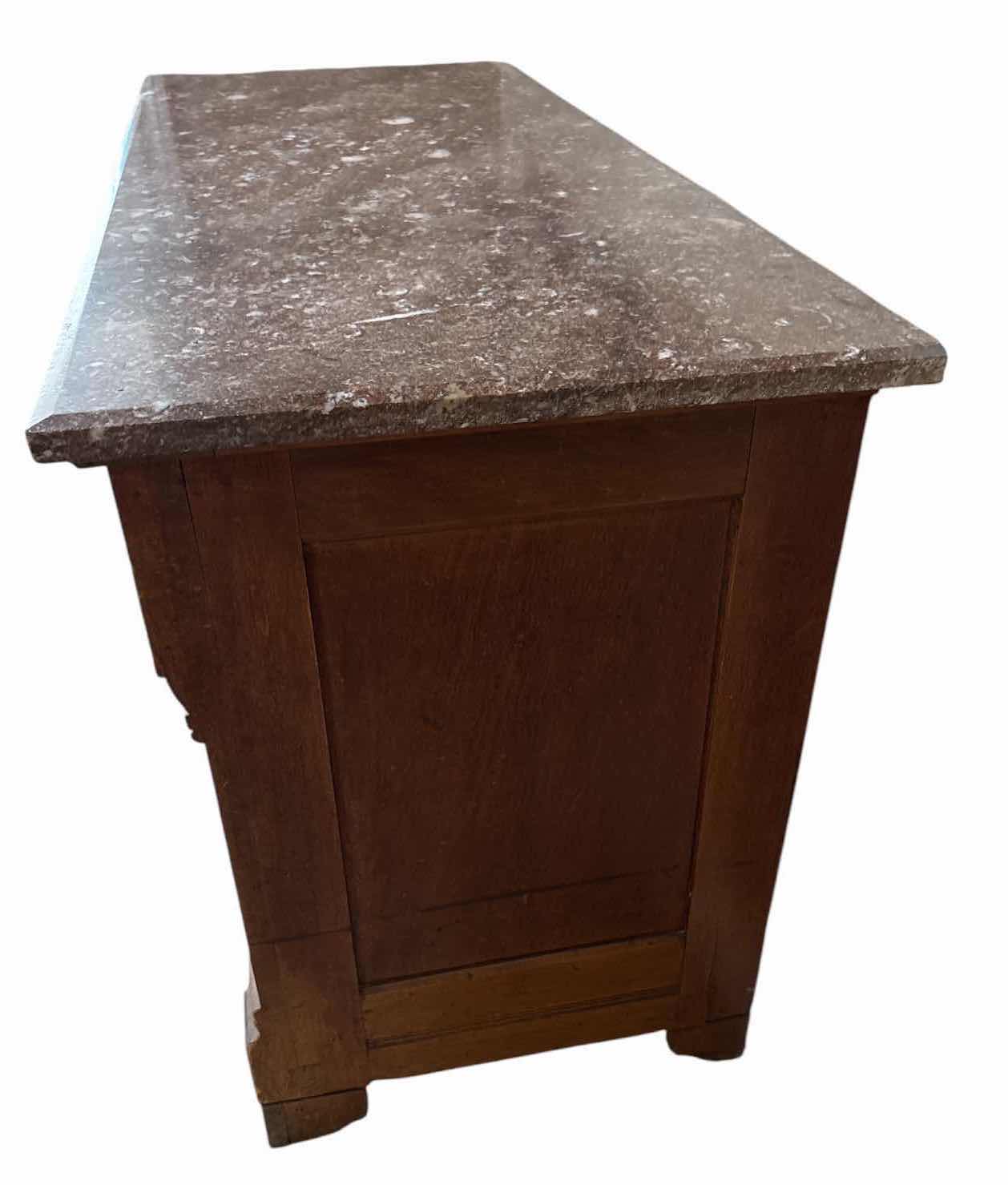 Photo 1 of ANTIQUE 3-DRAWER DRESSER FEATURING BEAUTIFUL BURL WALNUT VENEER, ORIGINAL MARBLE TOP, AND DECORATIVE BRASS HARDWARE 49”X20.5”H28.5” $2500