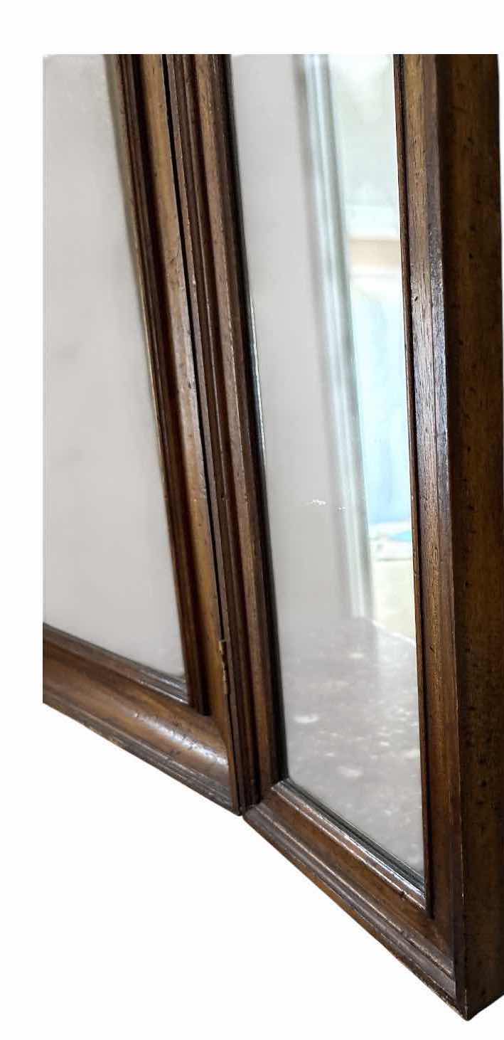 Photo 1 of ANTIQUE WOOD TRI-FOLD VANITY MIRROR WITH BEVELED CENTER AND SWINGING SIDE MIRRORS  41”X1.5”H39.5” $700