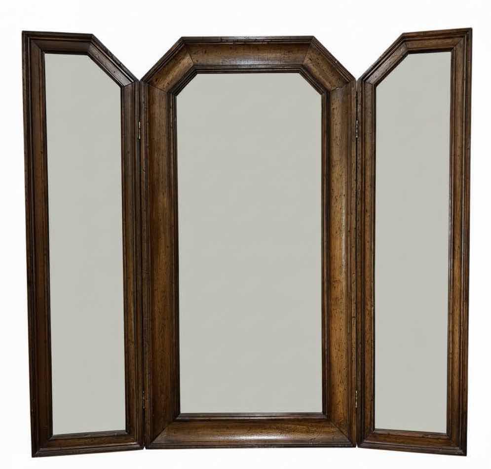 Photo 1 of ANTIQUE WOOD TRI-FOLD VANITY MIRROR WITH BEVELED CENTER AND SWINGING SIDE MIRRORS  41”X1.5”H39.5” $700