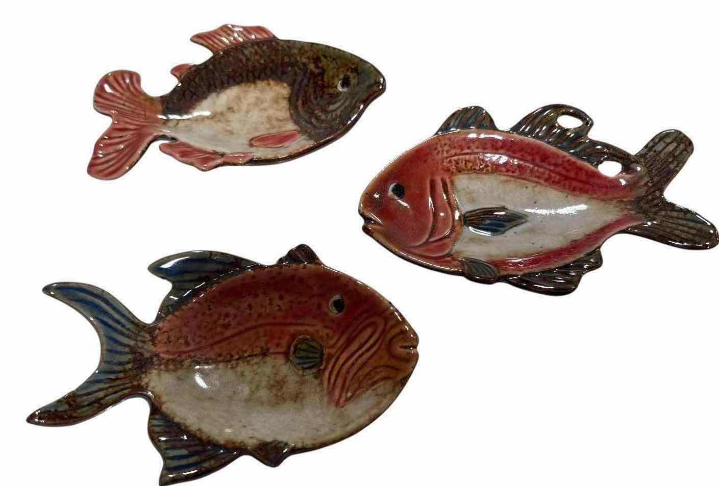 Photo 1 of (3)PCS HAND-PAINTED CERAMIC FISH TRINKET DISHES WITH COLORFUL COASTAL DESIGNS L4.5” $75