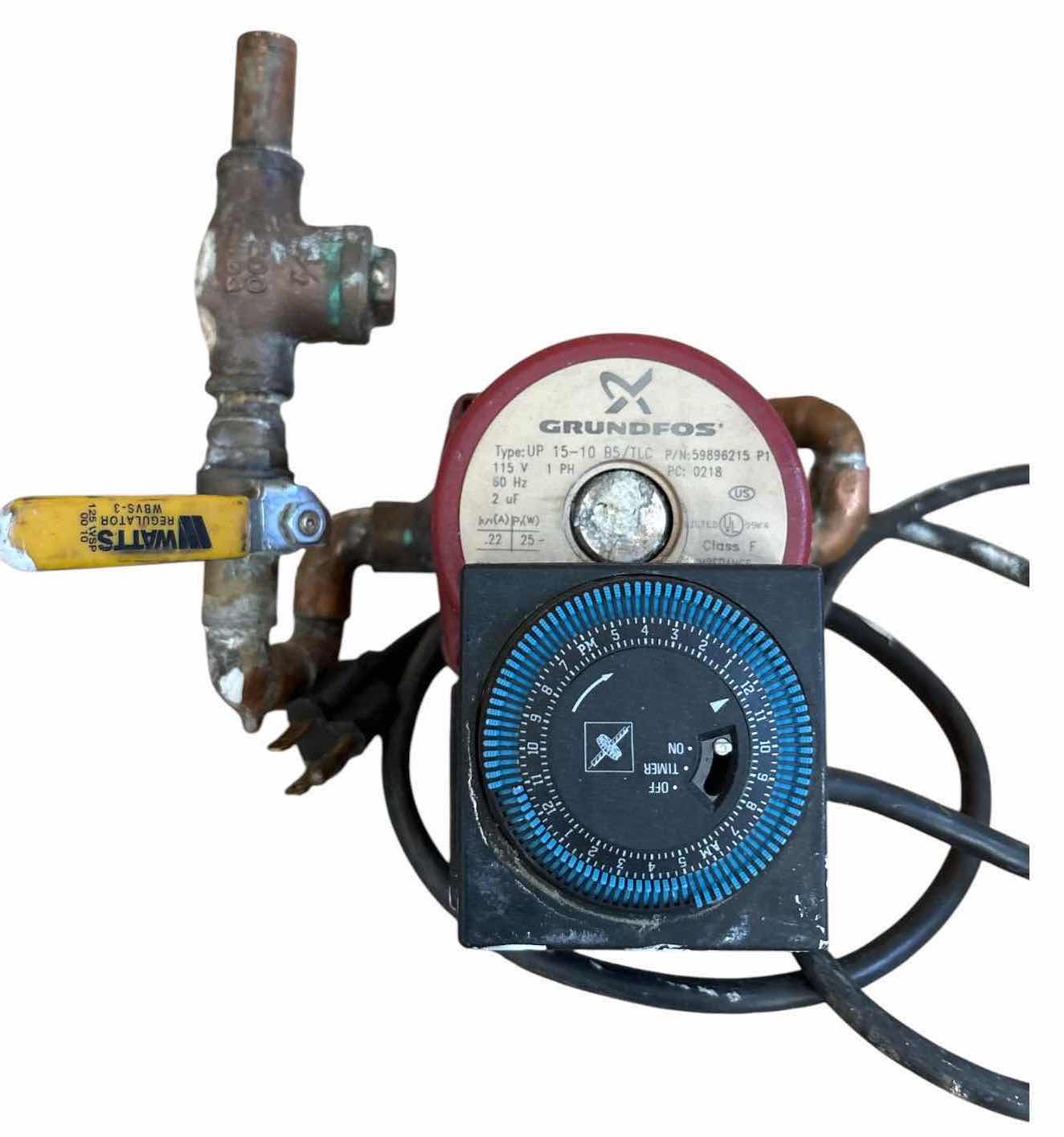 Photo 1 of GRUNDFOS BRONZE HOT WATER RECIRCULATION PUMP WITH MECHANICAL TIMER, BALL VALVE, COPPER FITTINGS, AND POWER CORD $300