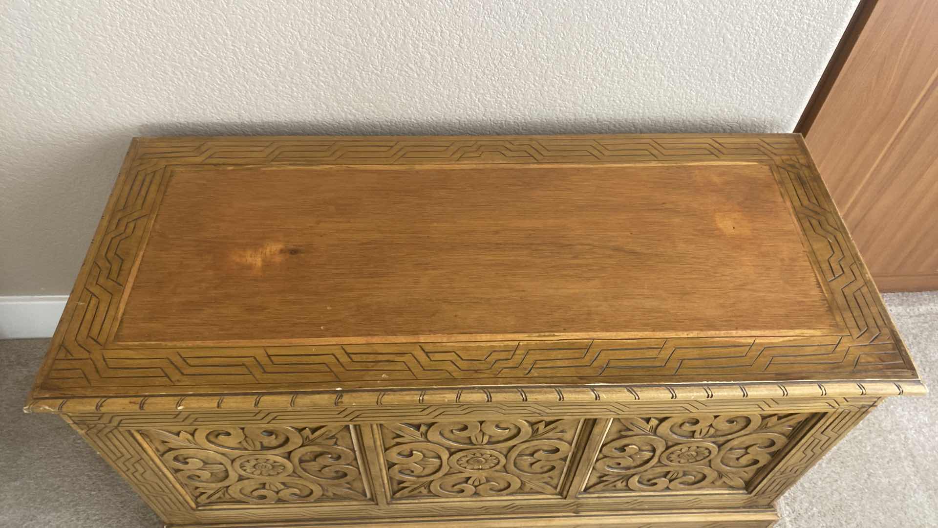 Photo 1 of VINTAGE HAND CARVED SOLID PINE WOOD CHEST 36“ X 16“ H 19 3/4”