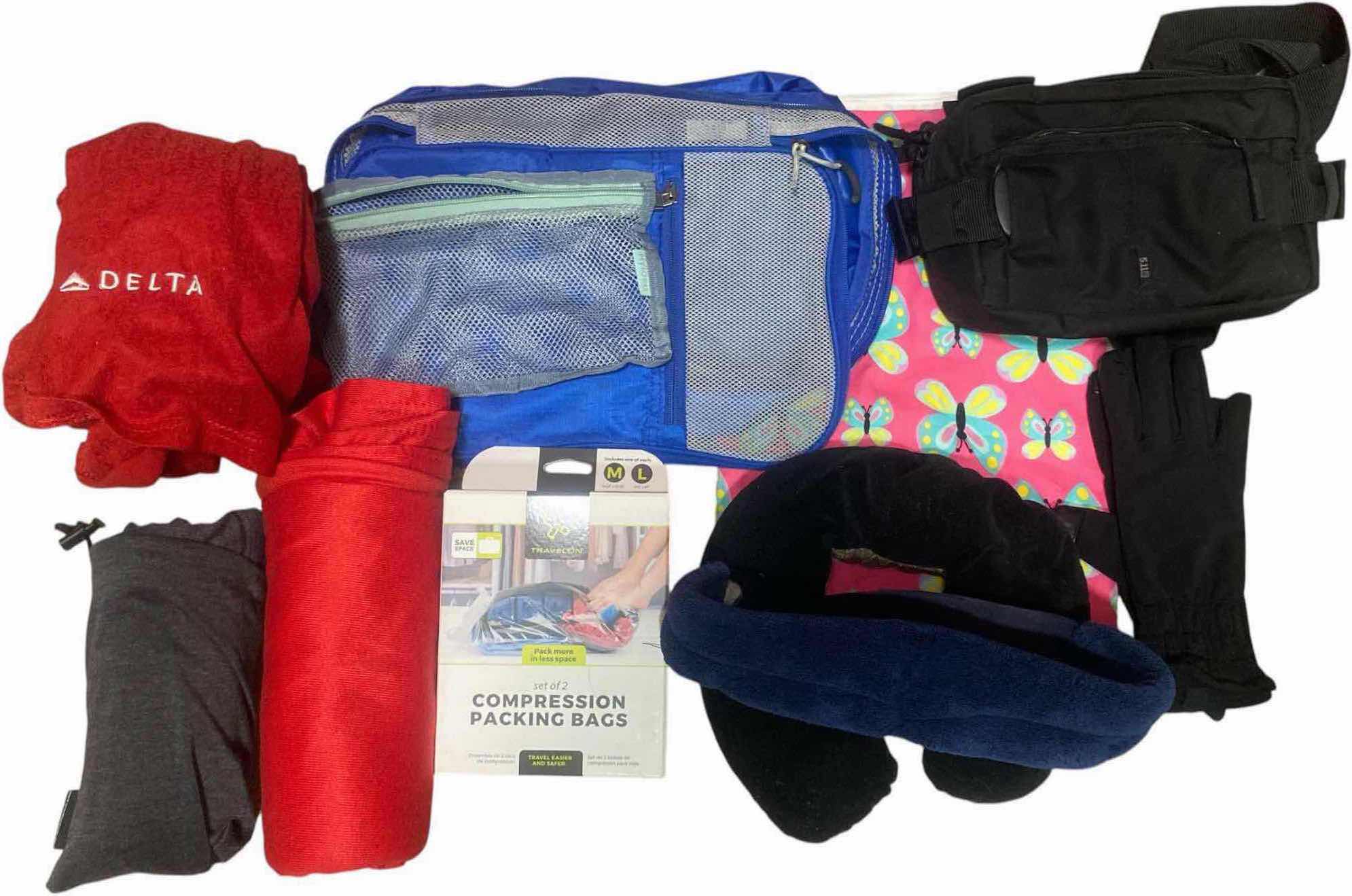 Photo 1 of TRAVEL ACCESSORIES-BLANKETS COMPRESSION BAGS, EYE MASK & BELT BAG