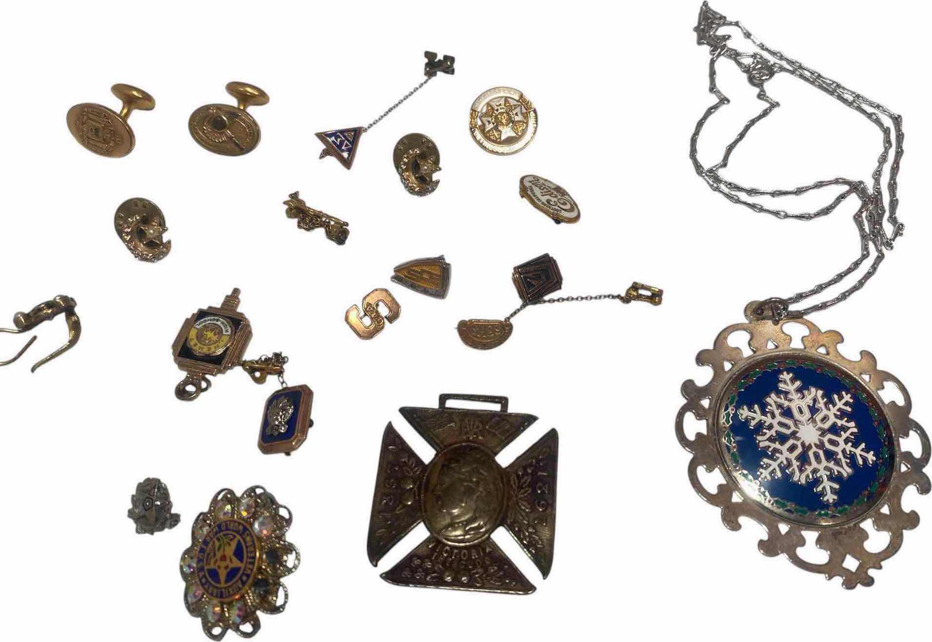 Photo 1 of VINTAGE MILITARY AND FRATERNAL ORGANIZATION PINS & 1986 STERLING FRAMED SNOWFLAKE NECKLACE