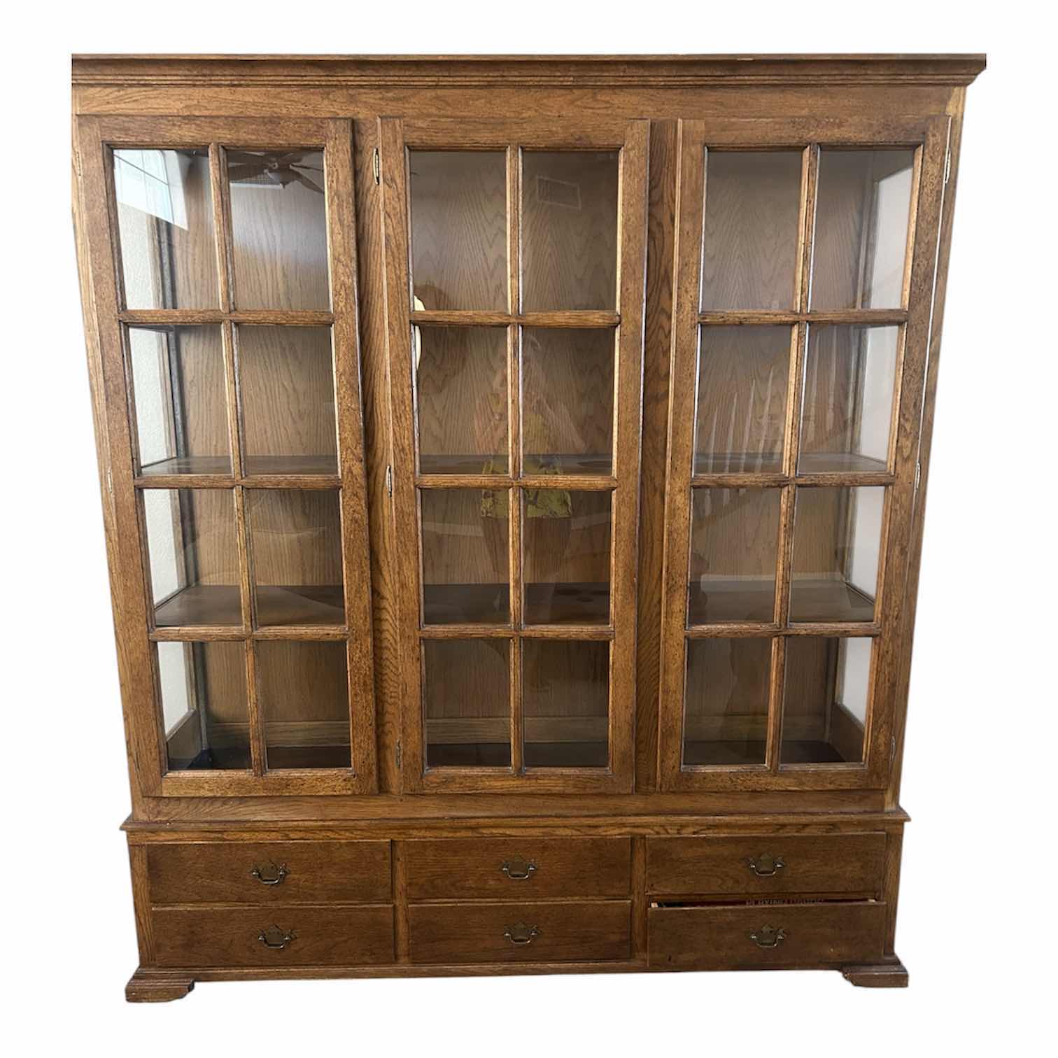 Photo 1 of INDONESIAN MAHOGANY CURIO CABINET W 6 DRAWERS GLASS DOORS 68" X 18" H 82" $650