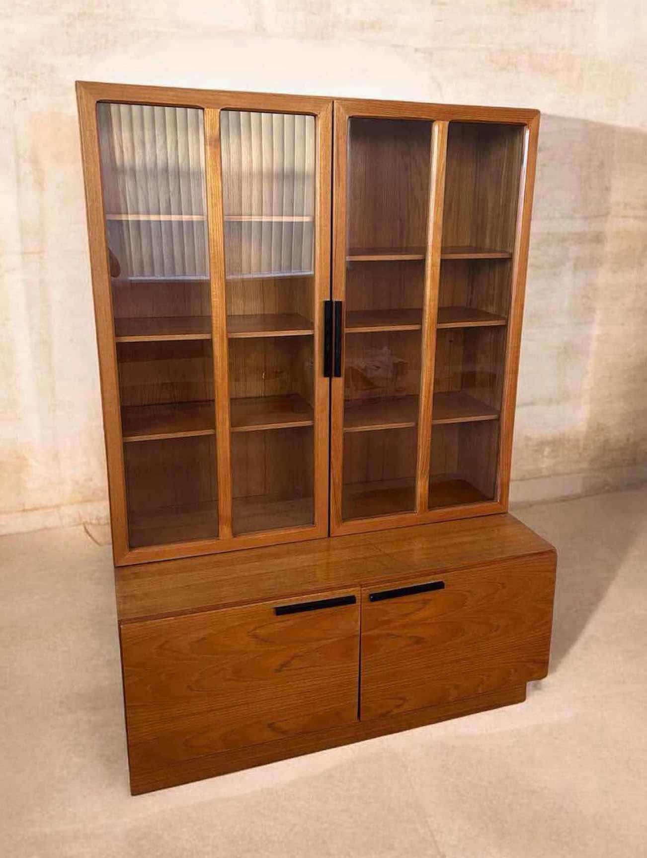 Photo 1 of KOFOD LARSEN DANISH TEAK WALL UNIT MID CENTURY PIECE 2 GLASS DOOR FRONTED CABINETS W 2 LOWER WOODEN DOORS 45" X 23" H 66" $2000