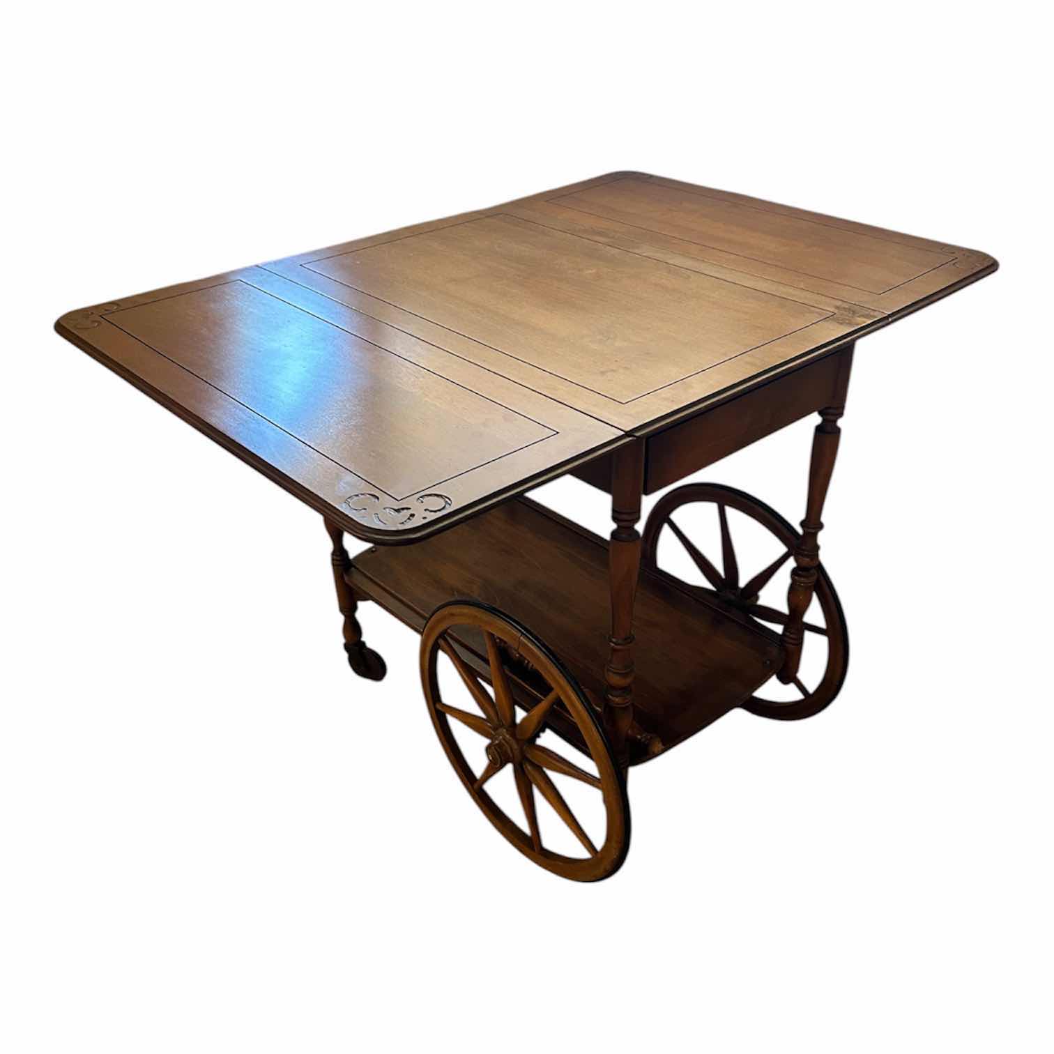 Photo 1 of VINTAGE COLONIAL STYLE DROP LEAF TEA CART W WOOD CONSTRUCTION  27" X 18" H 27"  OPEN 38" WIDE