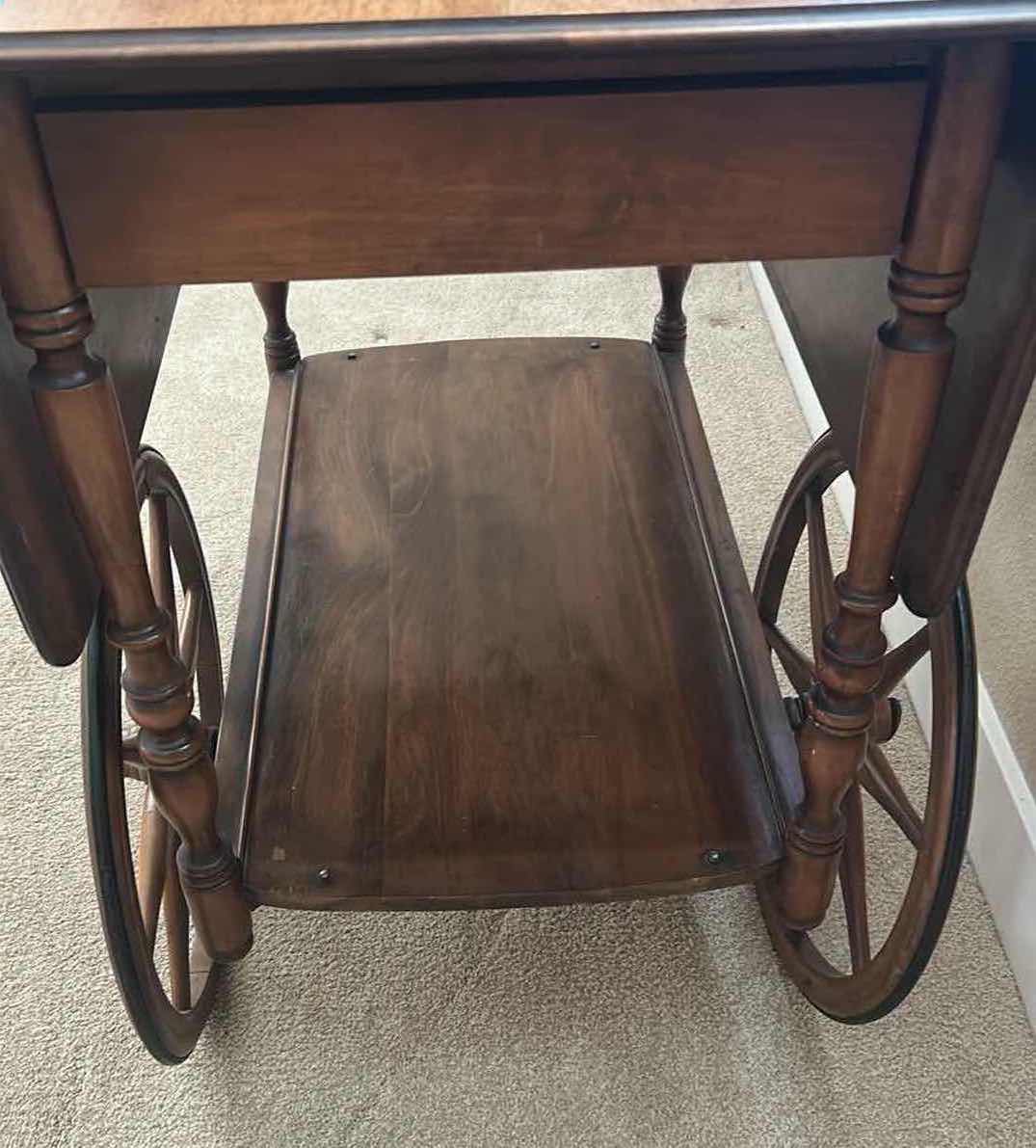 Photo 1 of VINTAGE COLONIAL STYLE DROP LEAF TEA CART W WOOD CONSTRUCTION  27" X 18" H 27"  OPEN 38" WIDE