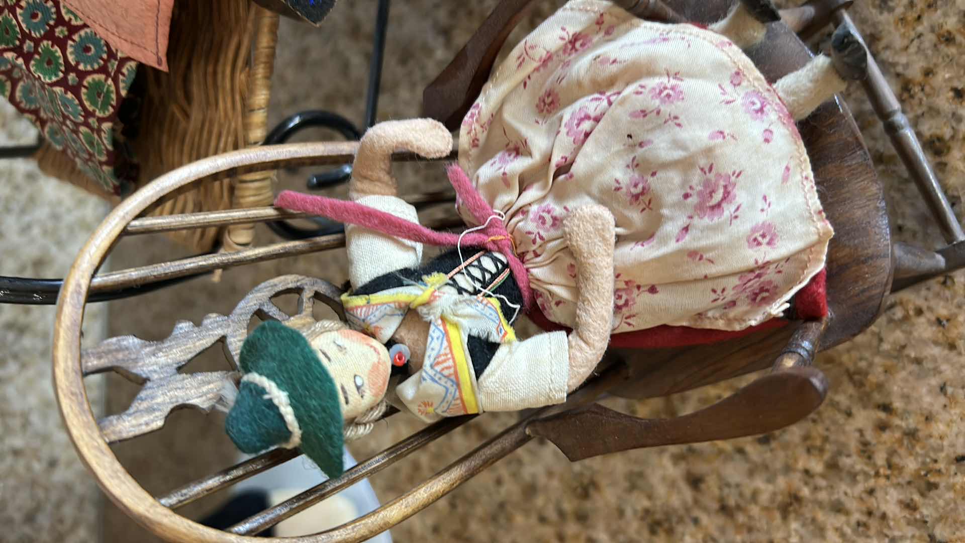 Photo 1 of VINTAGE WOODEN DOLLS ON BENCH