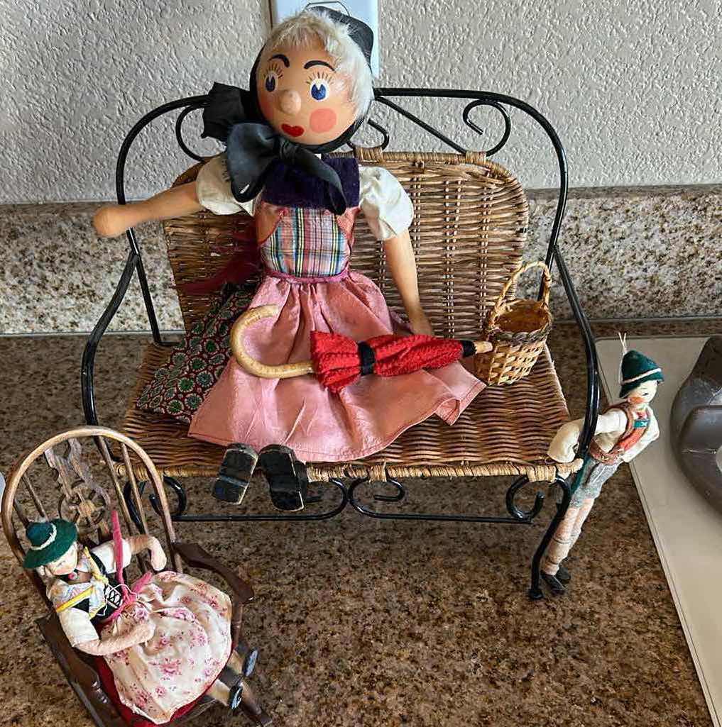 Photo 1 of VINTAGE WOODEN DOLLS ON BENCH