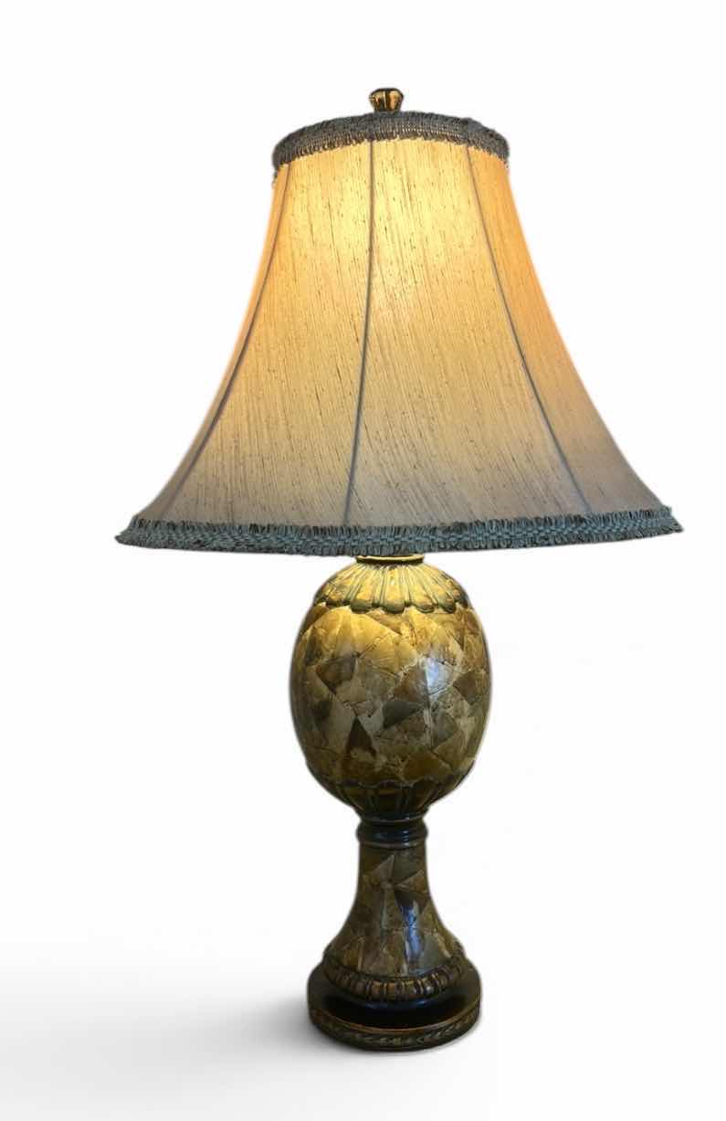 Photo 1 of MOSAIC STYLE TABLE LAMP W FRINGED FABRIC SHADE H30”