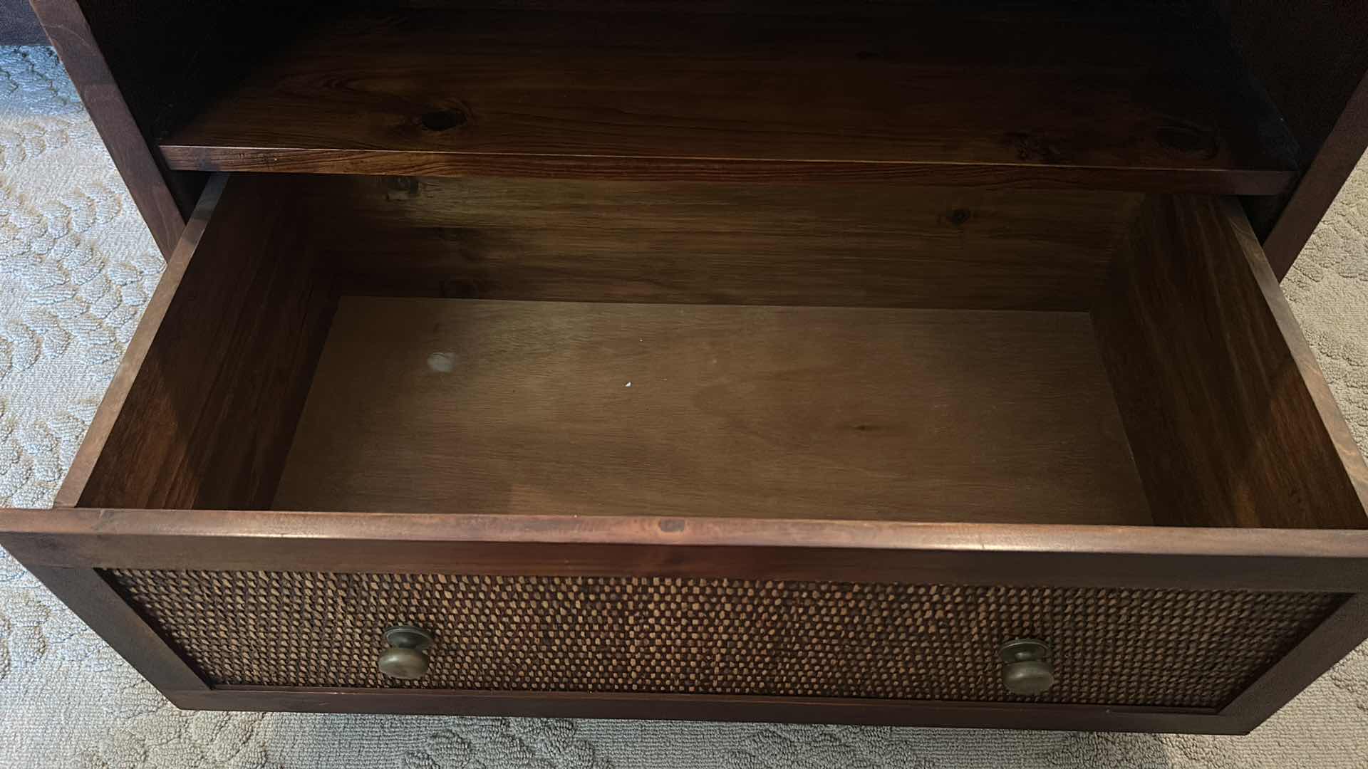 Photo 1 of WALNUT W RATTAN TV STAND & GLASS PROTECTIVE COVER 33 1/2” x 17 1/2” x H24”