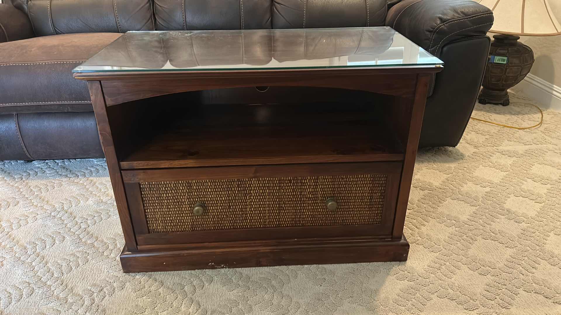 Photo 1 of WALNUT W RATTAN TV STAND & GLASS PROTECTIVE COVER 33 1/2” x 17 1/2” x H24”