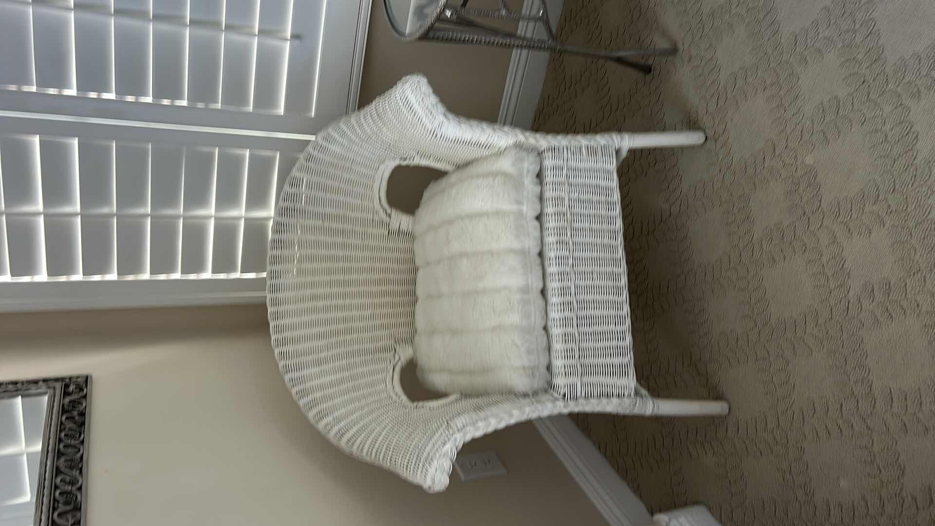 Photo 1 of PIER 1 WHITE WICKER ARMCHAIR WITH ROUNDED BACK DESIGN 30“ x 23“ x H32”