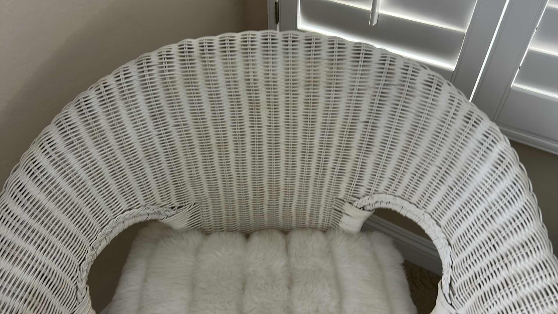 Photo 1 of PIER 1 WHITE WICKER ARMCHAIR WITH ROUNDED BACK DESIGN 30“ x 23“ x H32”