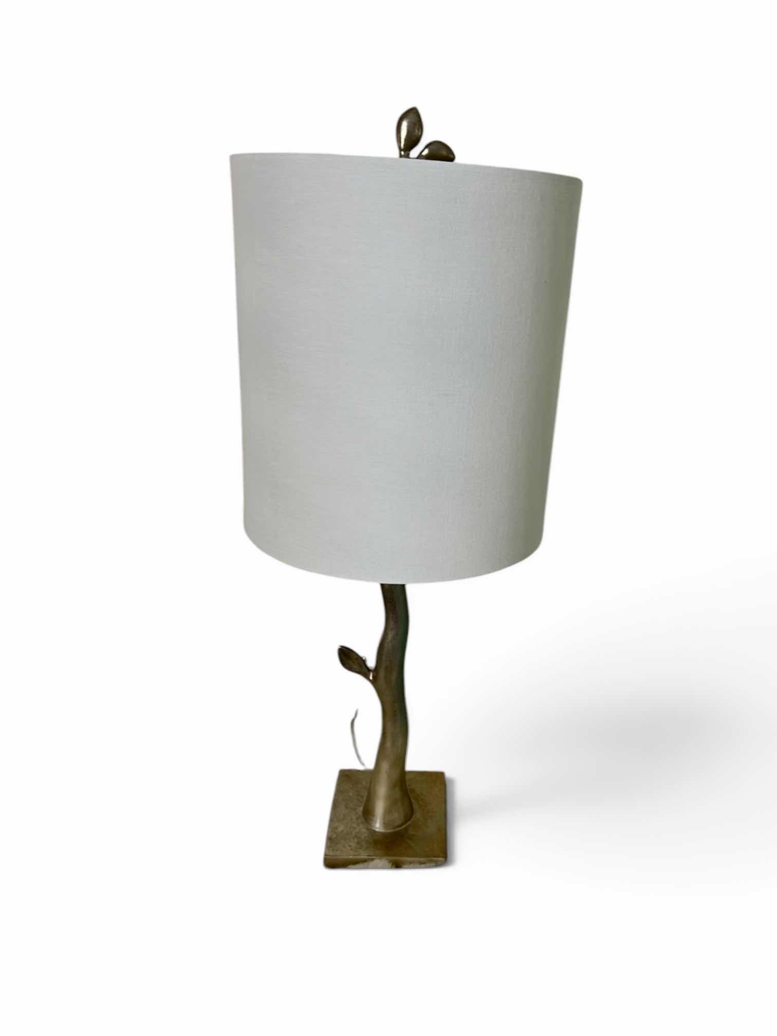 Photo 1 of MODERN NATURE-INSPIRED METAL TABLE LAMP WITH BRANCH AND LEAF DESIGN, FEATURING A WHITE DRUM SHADE H29”