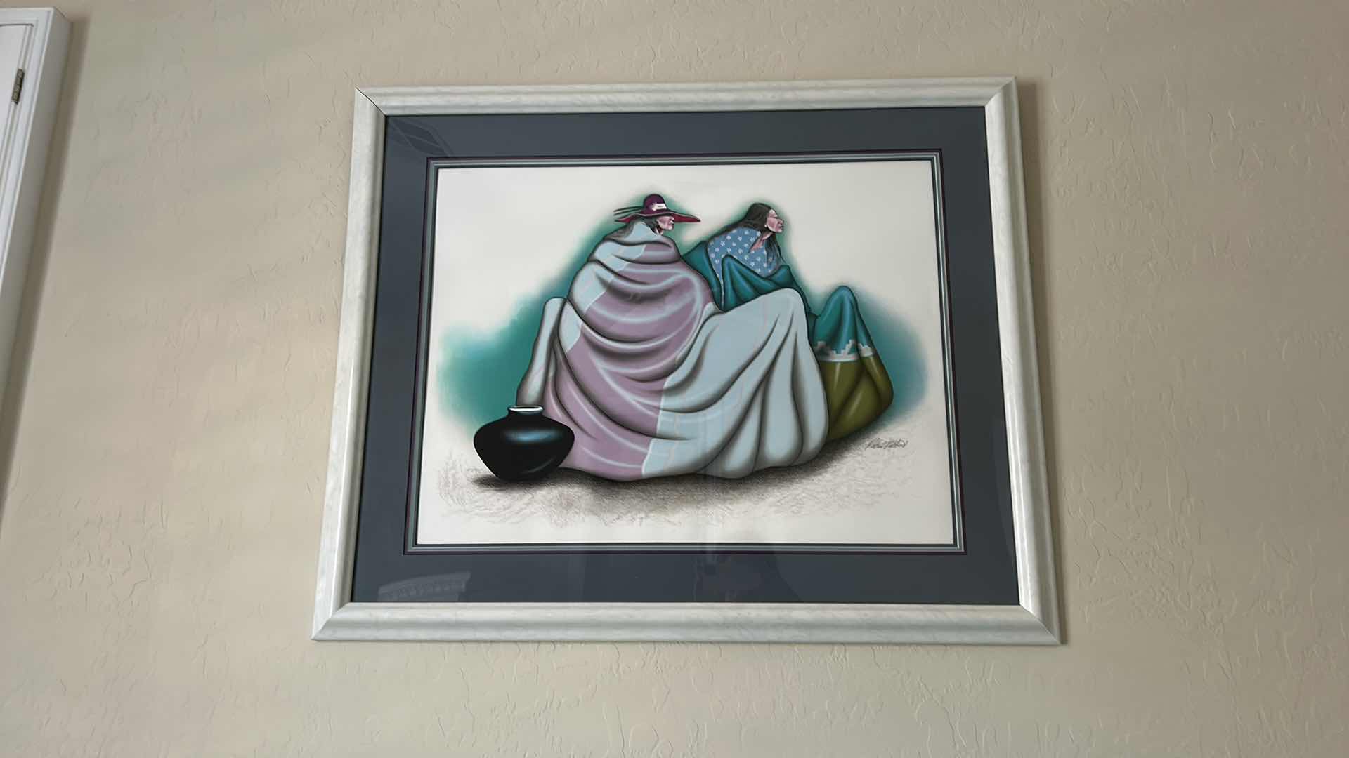 Photo 1 of FRAMED SIGNED ARTWORK BY ROBERT REDBIRD NATIVE AMERICAN FEATURING SOUTHWESTERN FIGURAL SCENE WITH POTTERY, DOUBLE MATTING, AND SILVER-TONE FRAME 39 1/2“ x H33“